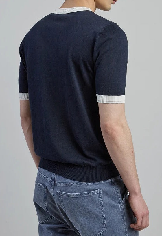 ELEVENTY Maglia Uomo Cotone Dettagli Rigati-Blu/Bianco/Sabbia