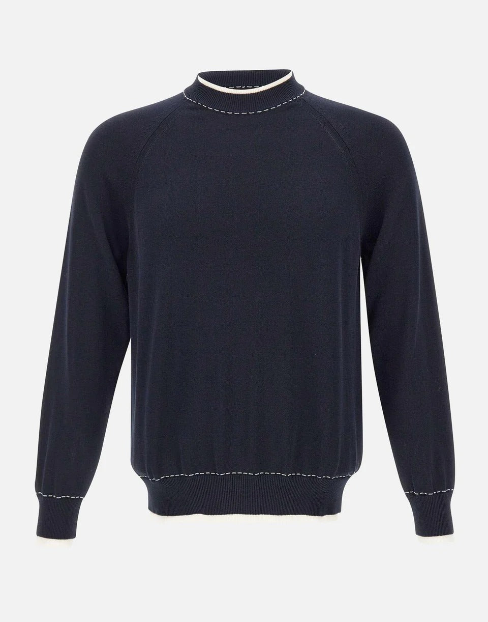 ELEVENTY Maglia Uomo Cotone Impunture Contrasto-Blu/Bianco