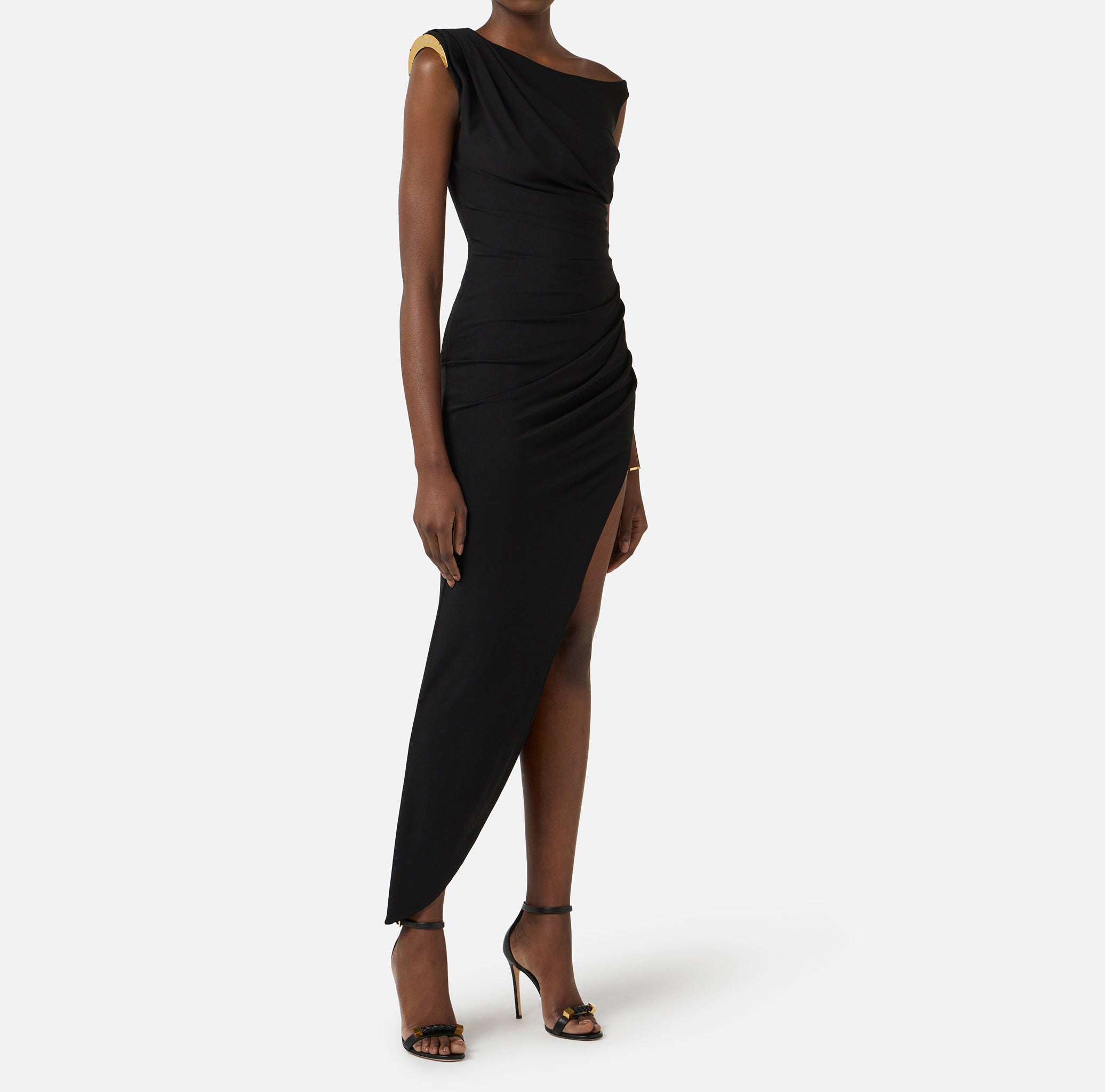 ELISABETTA FRANCHI Abito Asimmetrico Jersey crêpe Spallina Gioiello-Nero