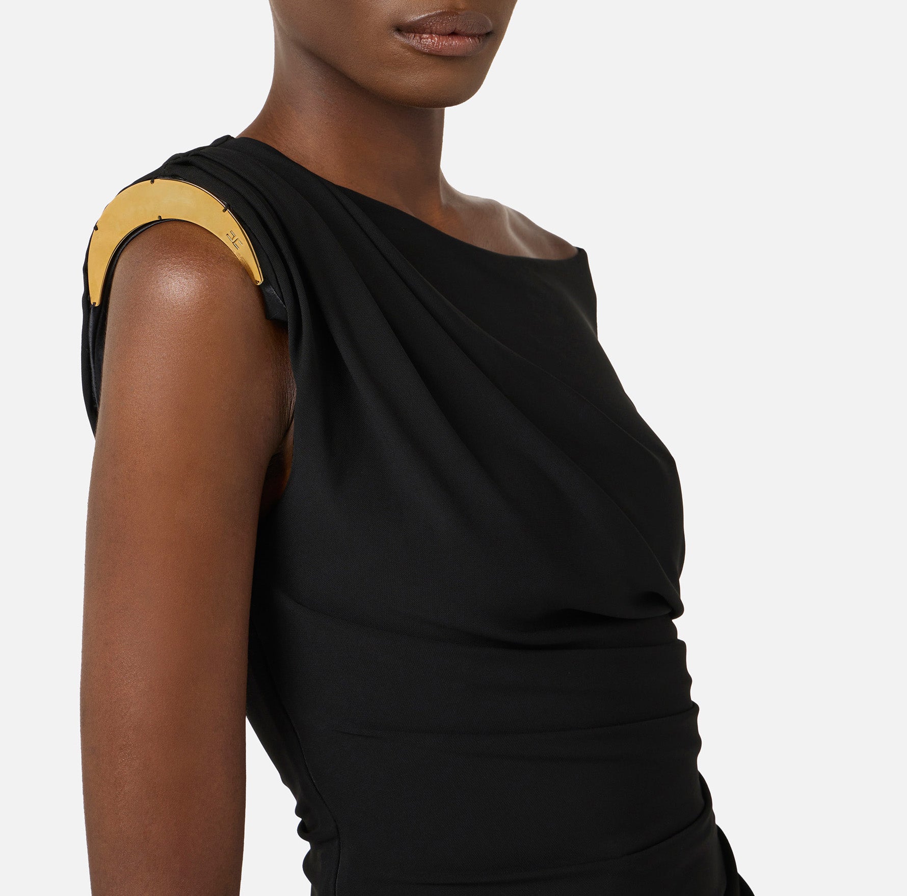 ELISABETTA FRANCHI Abito Asimmetrico Jersey crêpe Spallina Gioiello-Nero