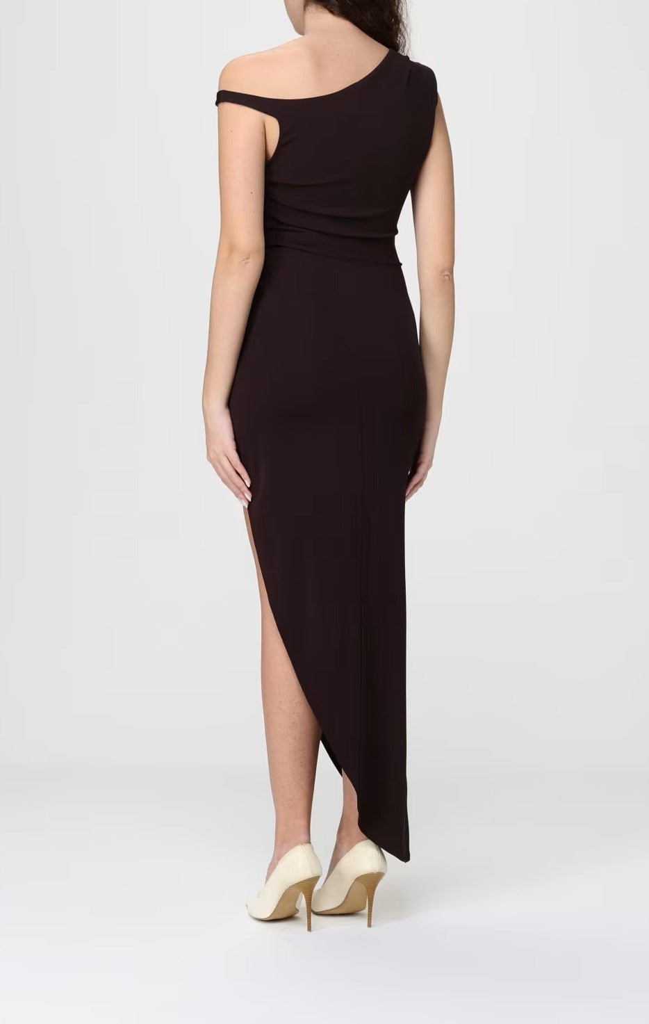 ELISABETTA FRANCHI Abito Asimmetrico Jersey crêpe Spallina Gioiello-Dark Chocolate