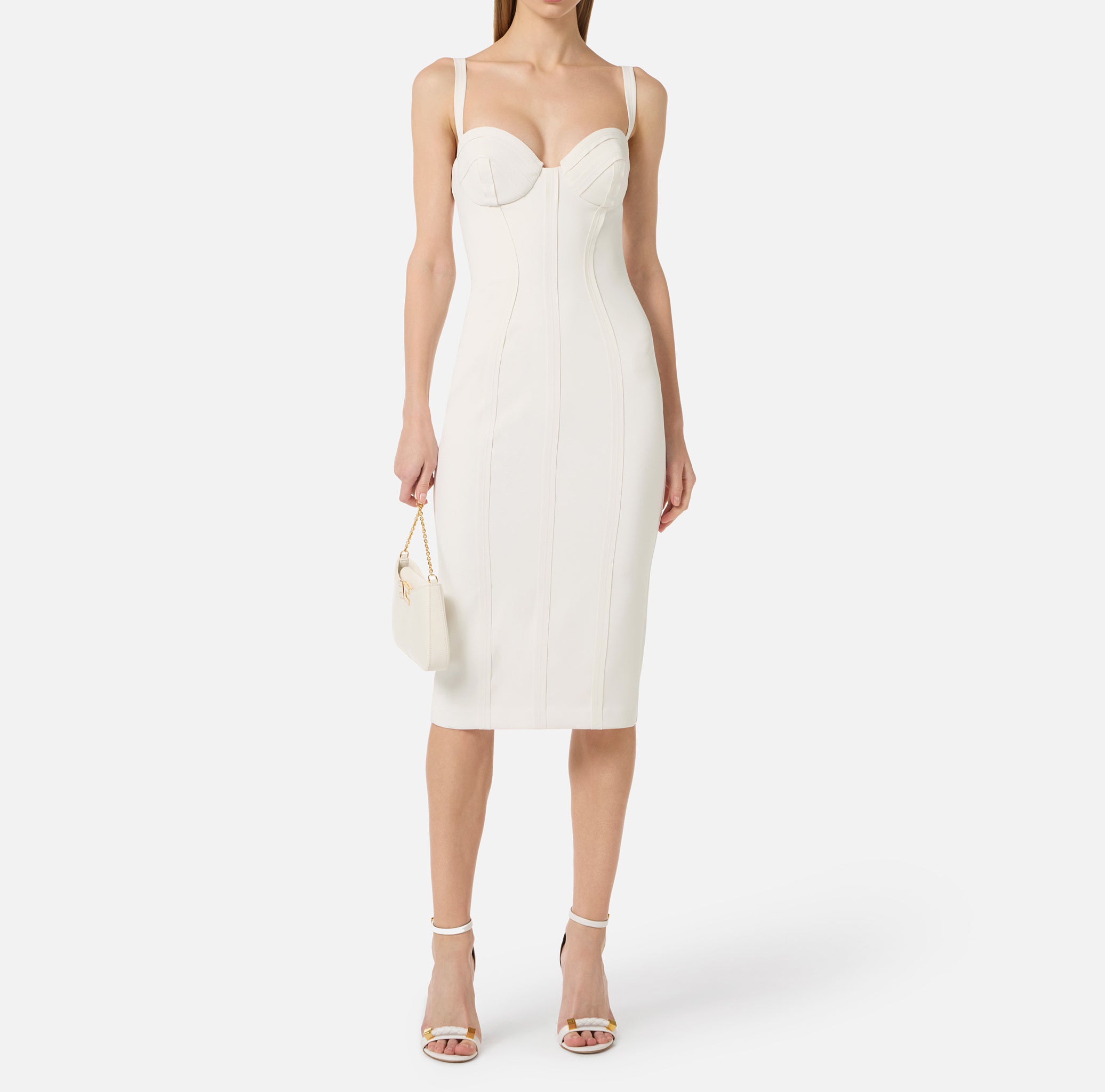 ELISABETTA FRANCHI Abito Midi crêpe Dettagli Taglio Vivo Impunture-Avorio