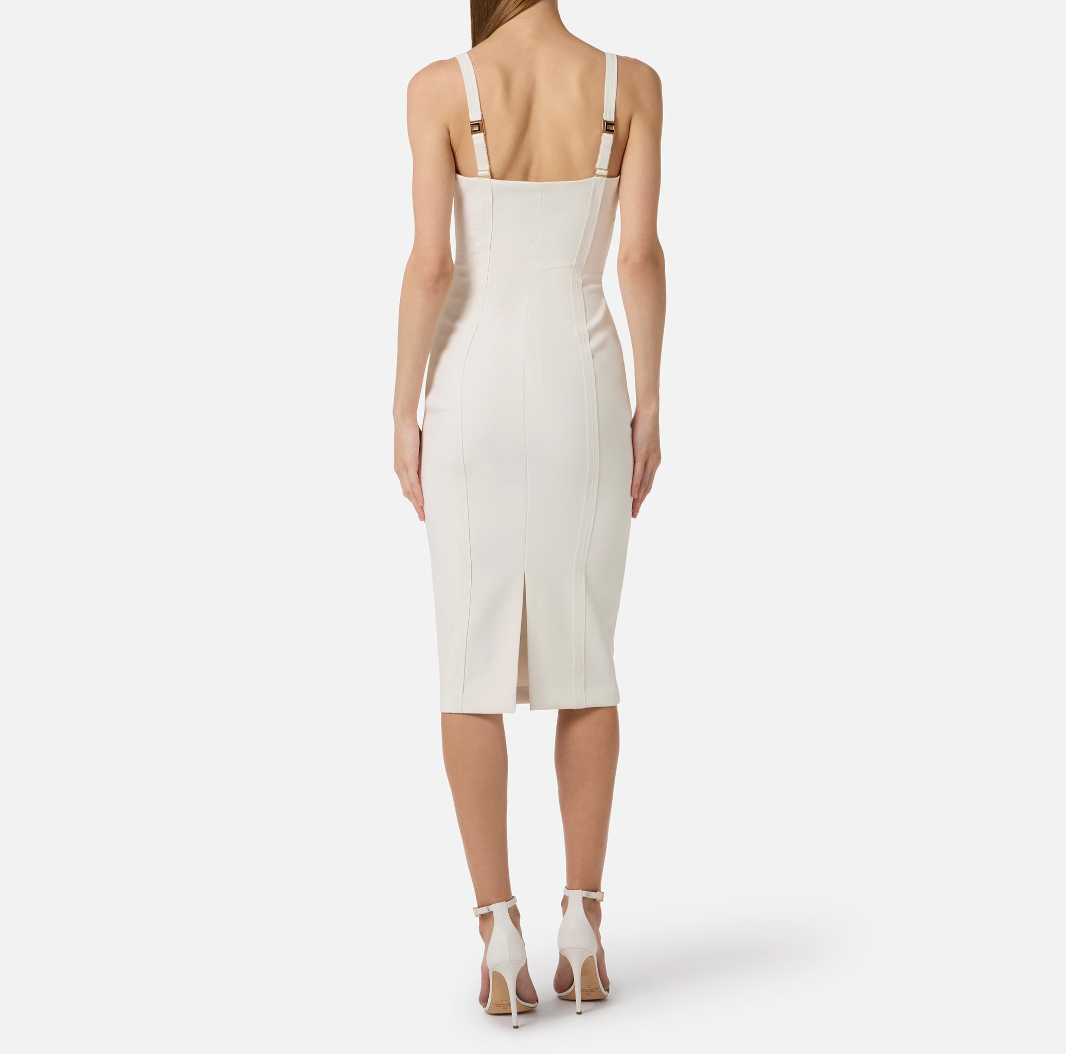 ELISABETTA FRANCHI Abito Midi crêpe Dettagli Taglio Vivo Impunture-Avorio