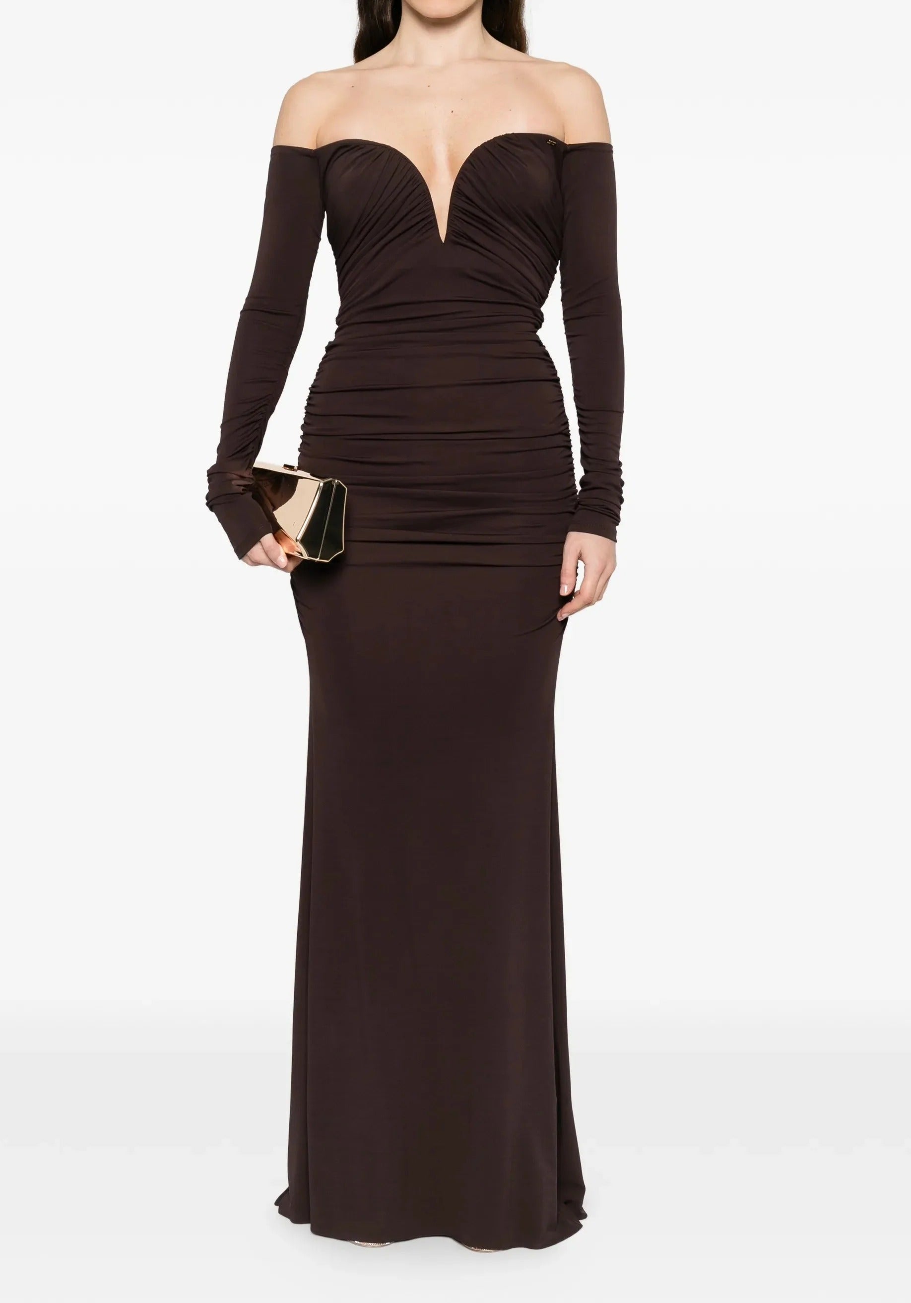ELISABETTA FRANCHI Abito Red Carpet Jersey Crêpe Drappeggi-Dark Choco