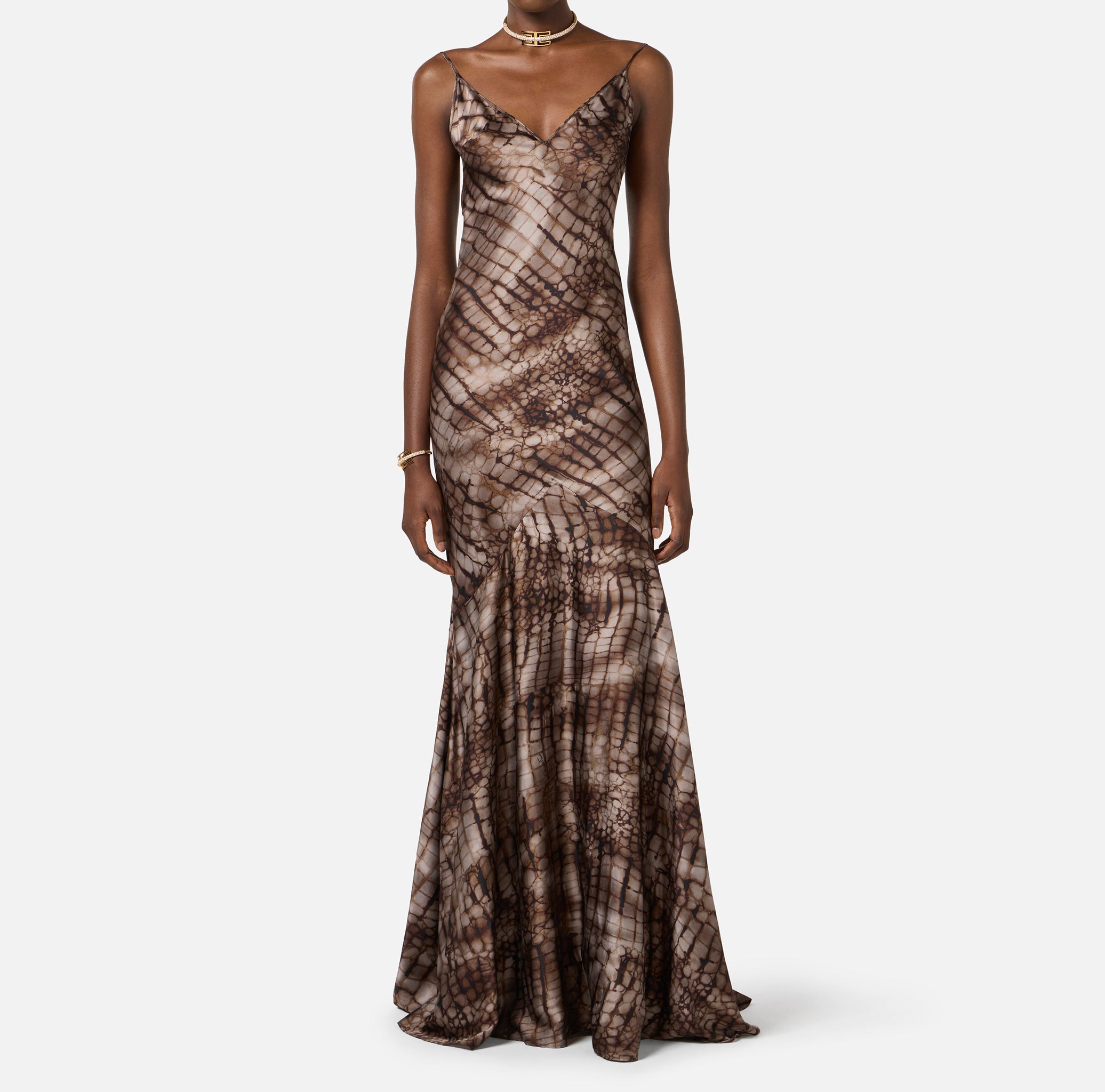 ELISABETTA FRANCHI Abito Red Carpet Raso Coccodrillo-Cacao