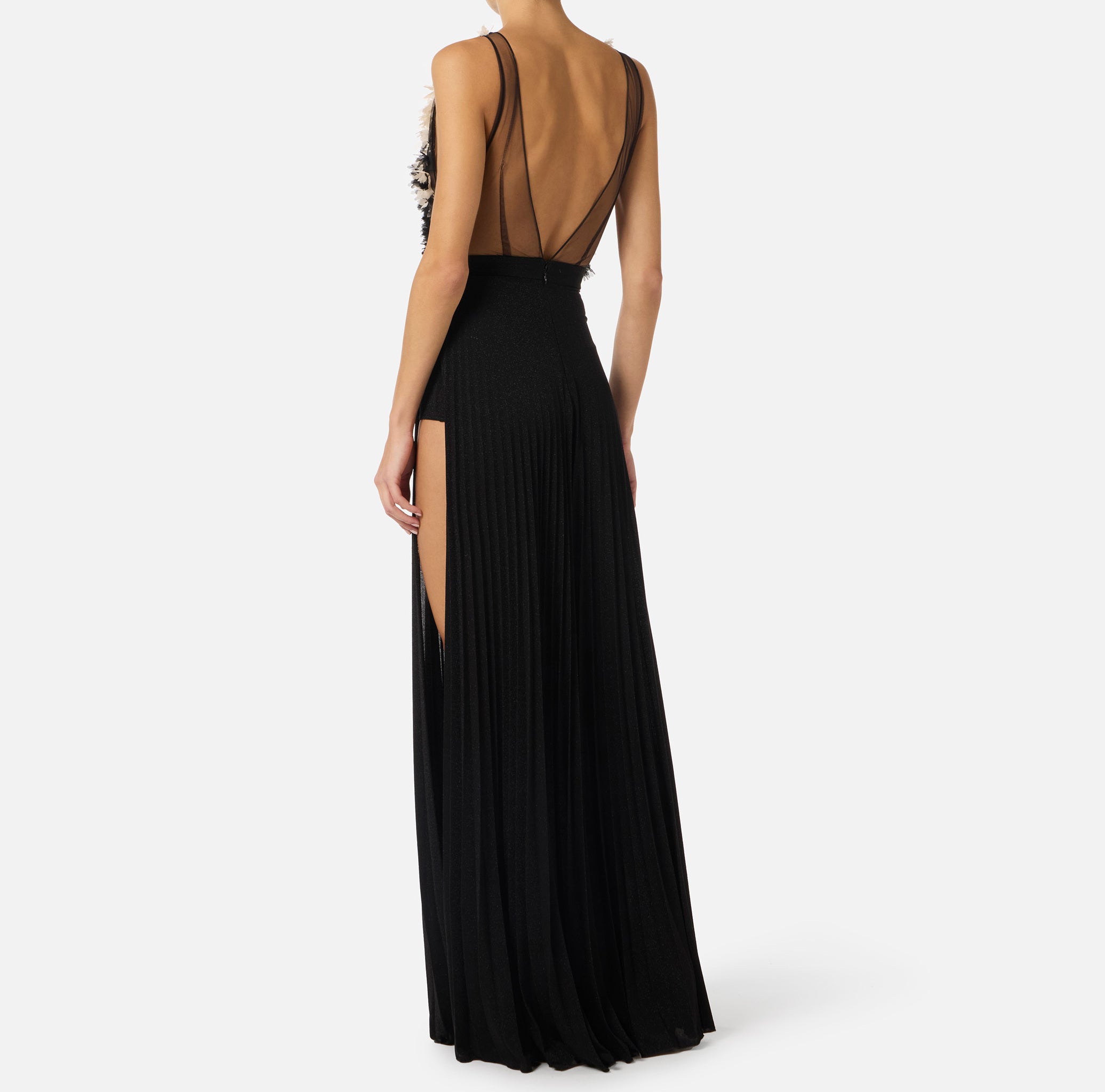 ELISABETTA FRANCHI Abito Red Carpet Tulle Jersey Lurex-Nero/Burro