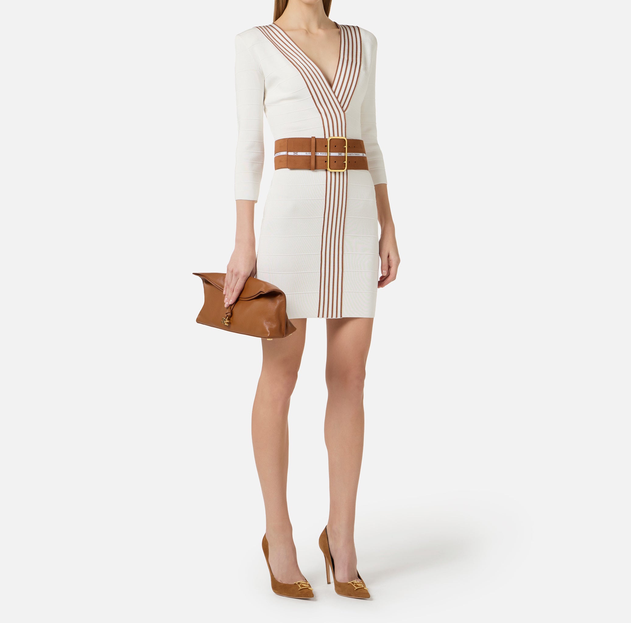 ELISABETTA FRANCHI Abito Corto Maglia Bande Righe-Avorio/Cuoio