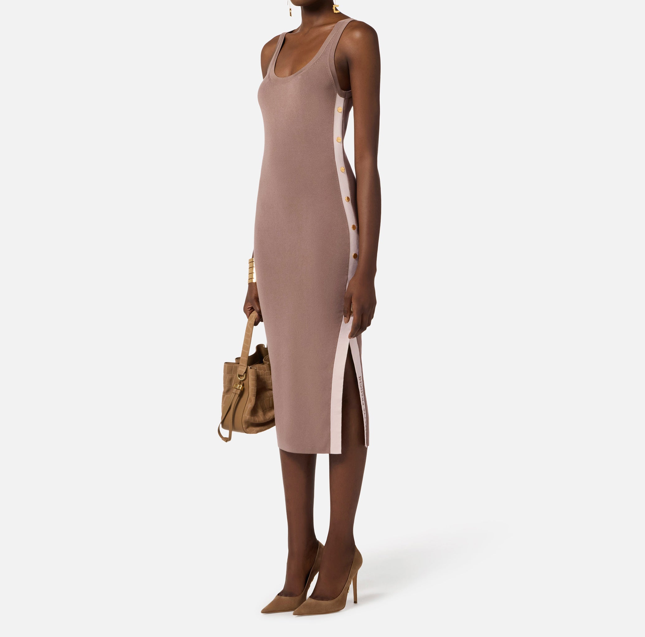 ELISABETTA FRANCHI Abito Midi Maglia Viscosa Bande-Argilla/Burro