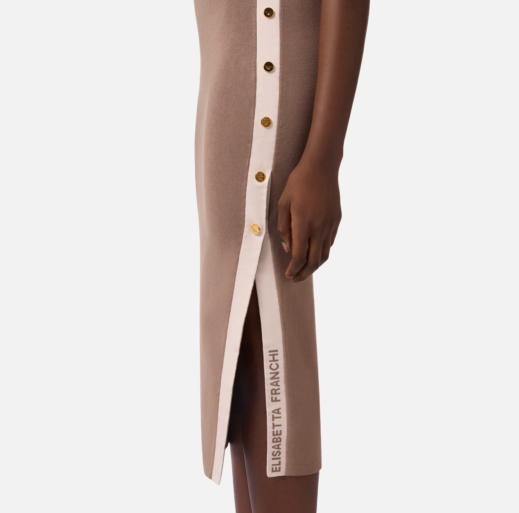 ELISABETTA FRANCHI Abito Midi Maglia Viscosa Bande-Argilla/Burro