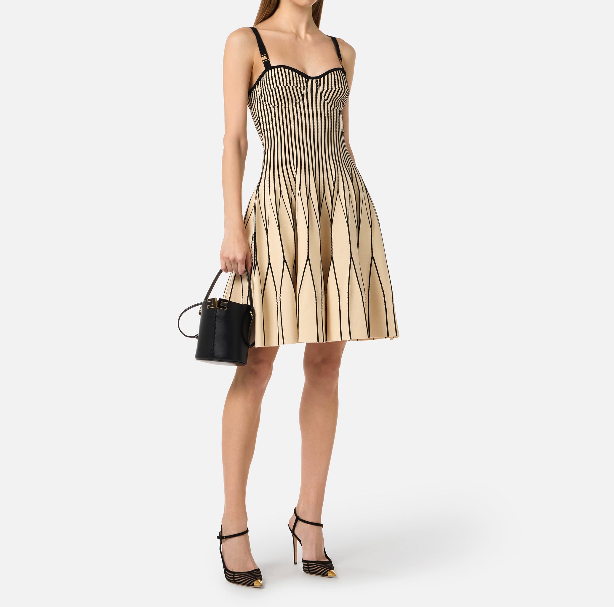 ELISABETTA FRANCHI Abito Corto Maglia Bicolore-Burro/Nero