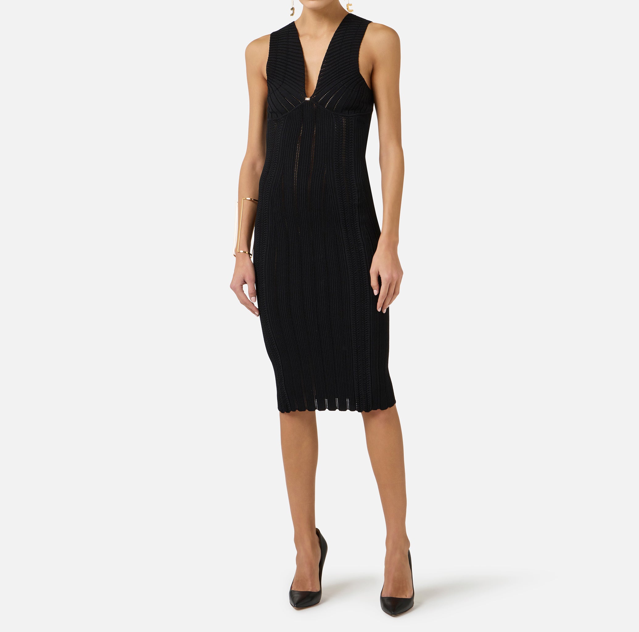 ELISABETTA FRANCHI Abito Midi Maglia à Jour Logo Strass-Nero