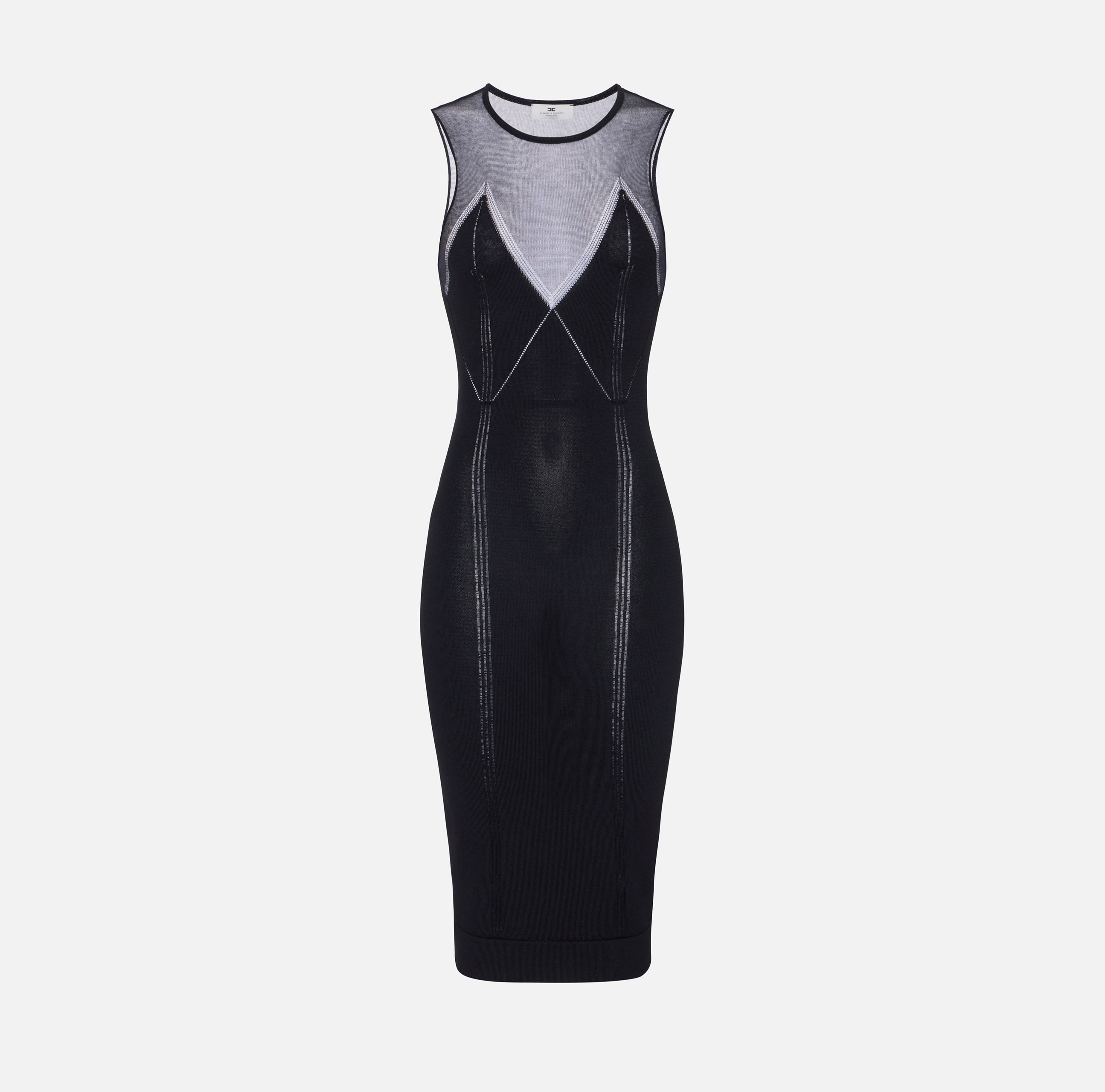 ELISABETTA FRANCHI Abito Midi Maglia à Jour Carrè Trasparente-Nero