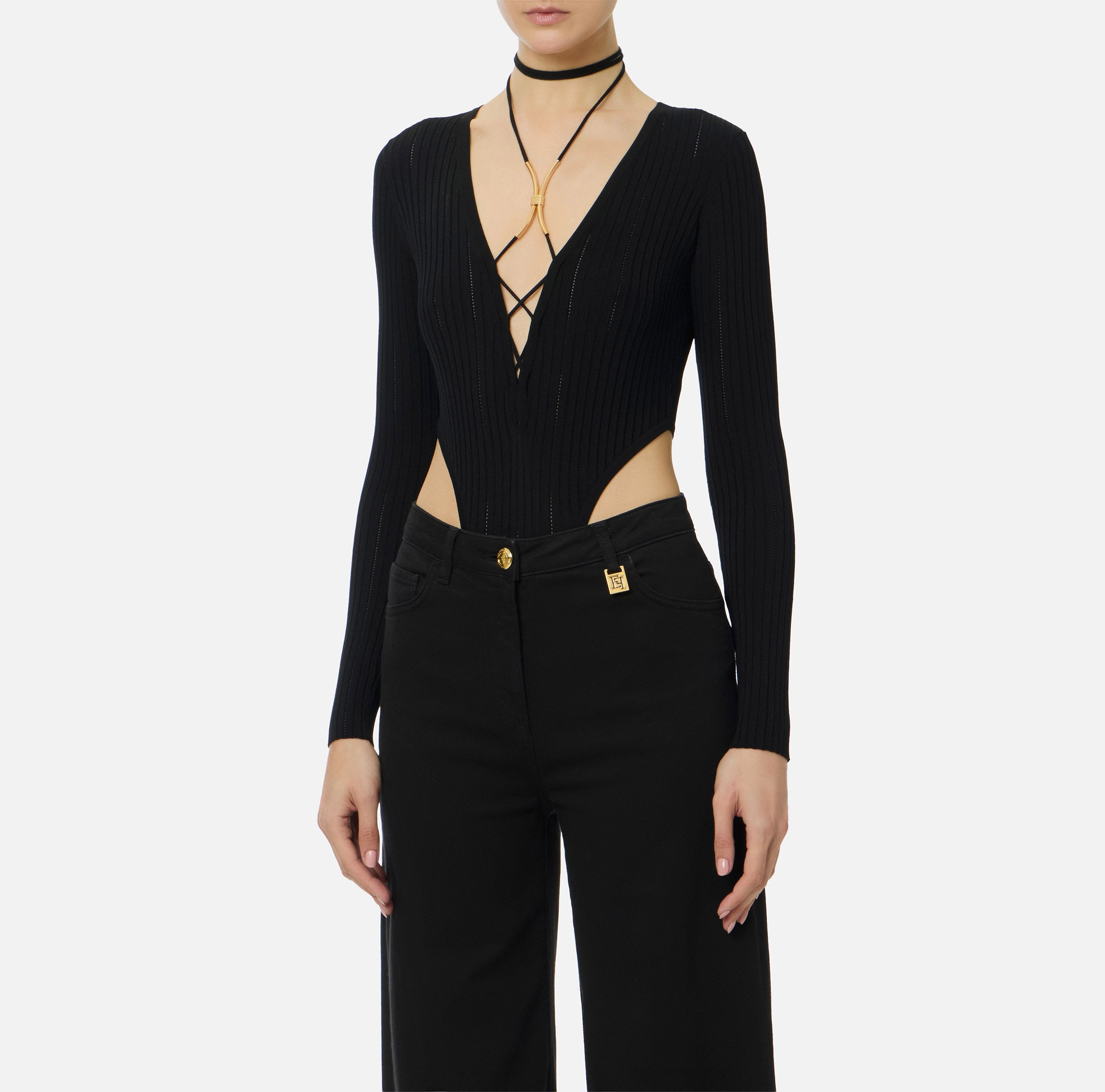 ELISABETTA FRANCHI Body Maglia Lacci Gioiello-Nero