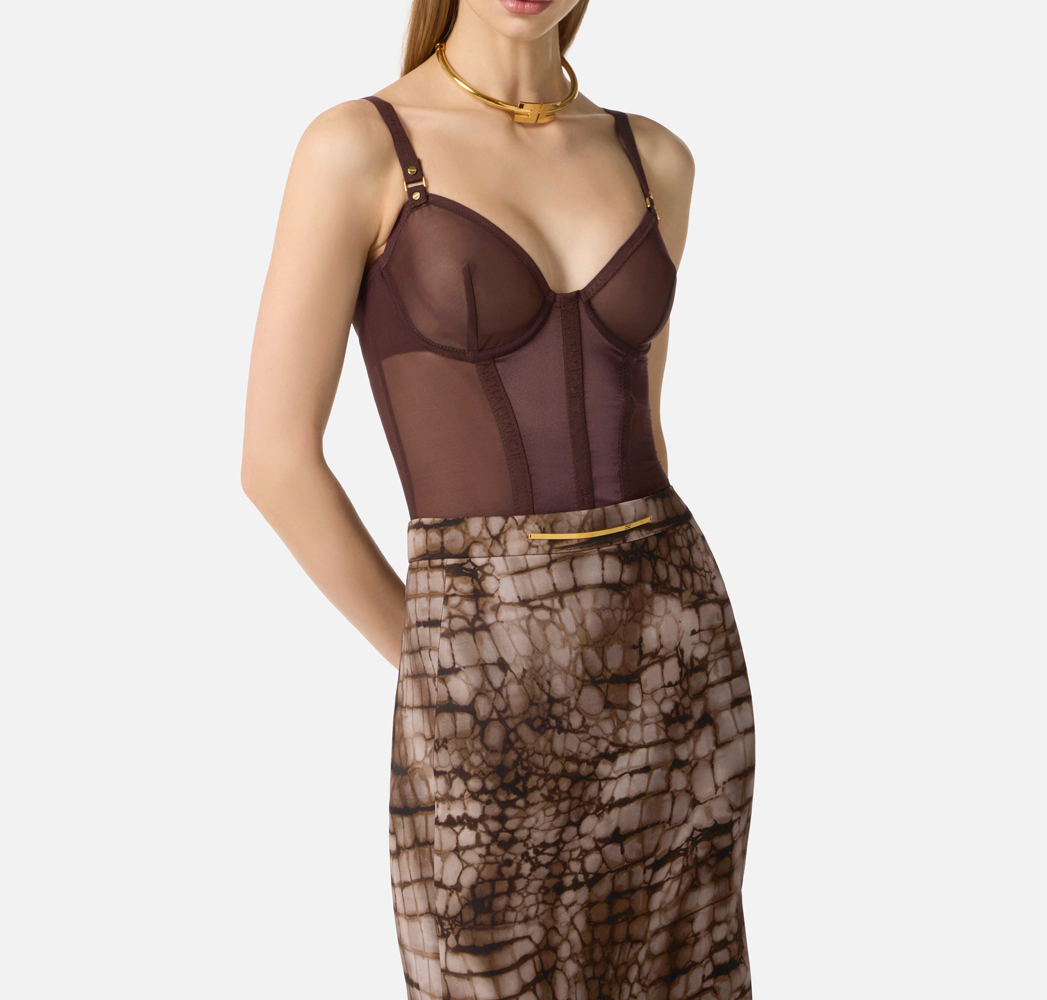 ELISABETTA FRANCHI Body Tulle Raso-Cacao