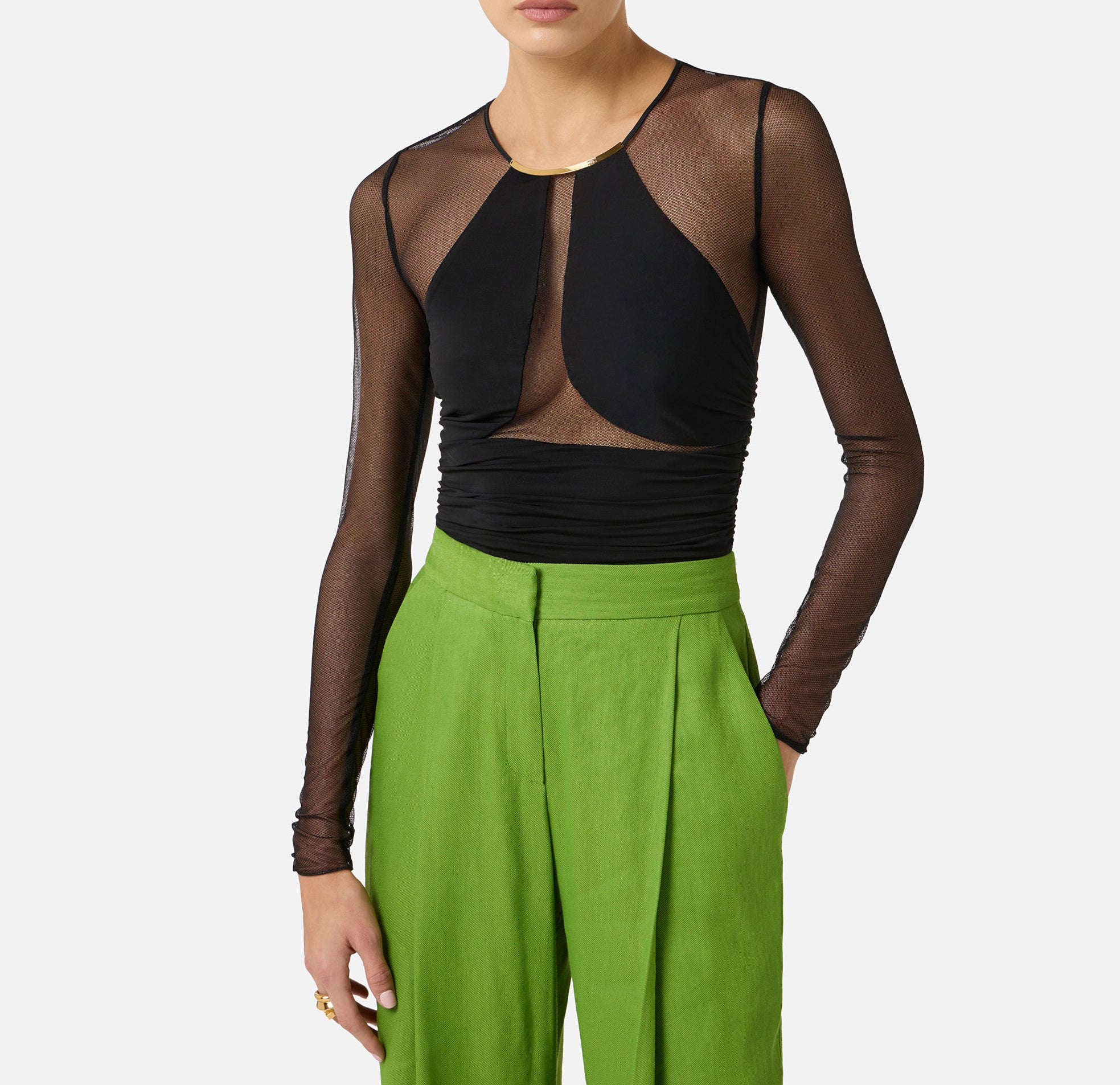 ELISABETTA FRANCHI Body Jersey crêpe tulle Placca gioiello-Nero