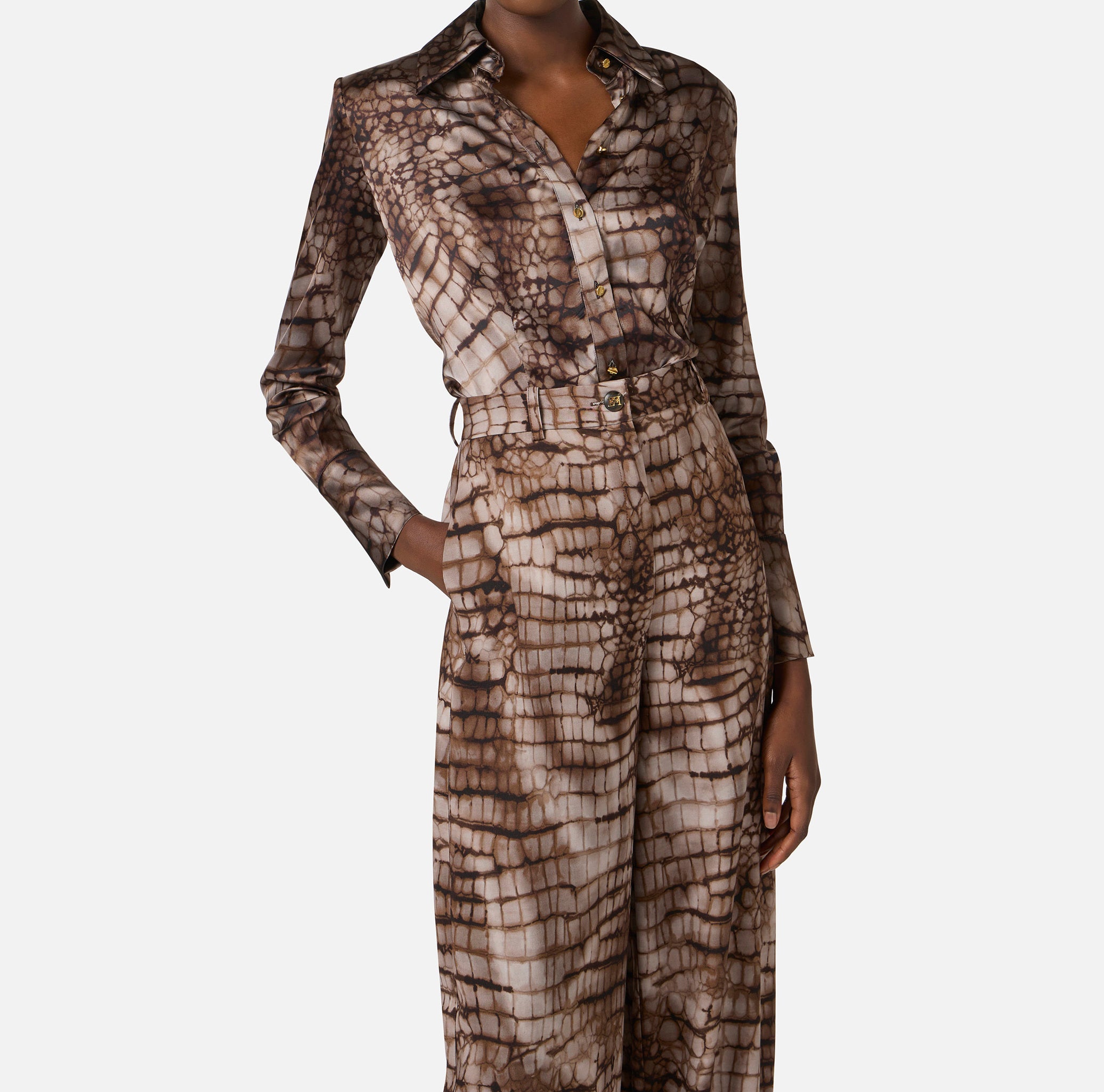 ELISABETTA FRANCHI Camicia Raso Coccodrillo-Cacao