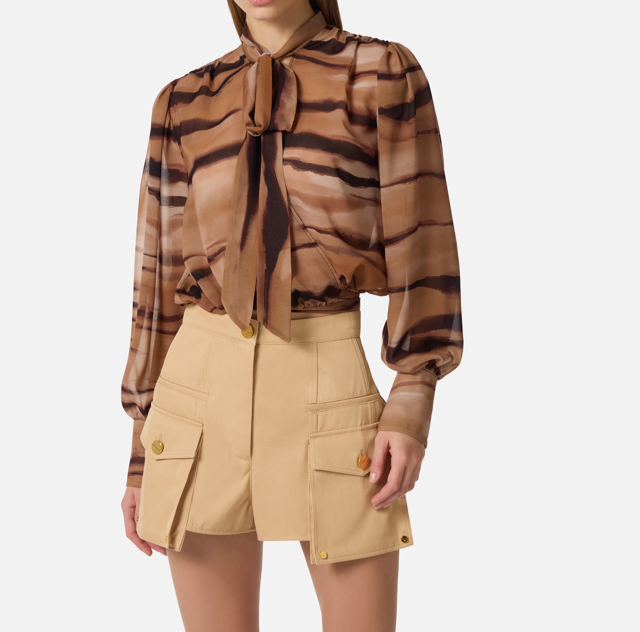 ELISABETTA FRANCHI Blusa Chiffon Tigrata-Cammello