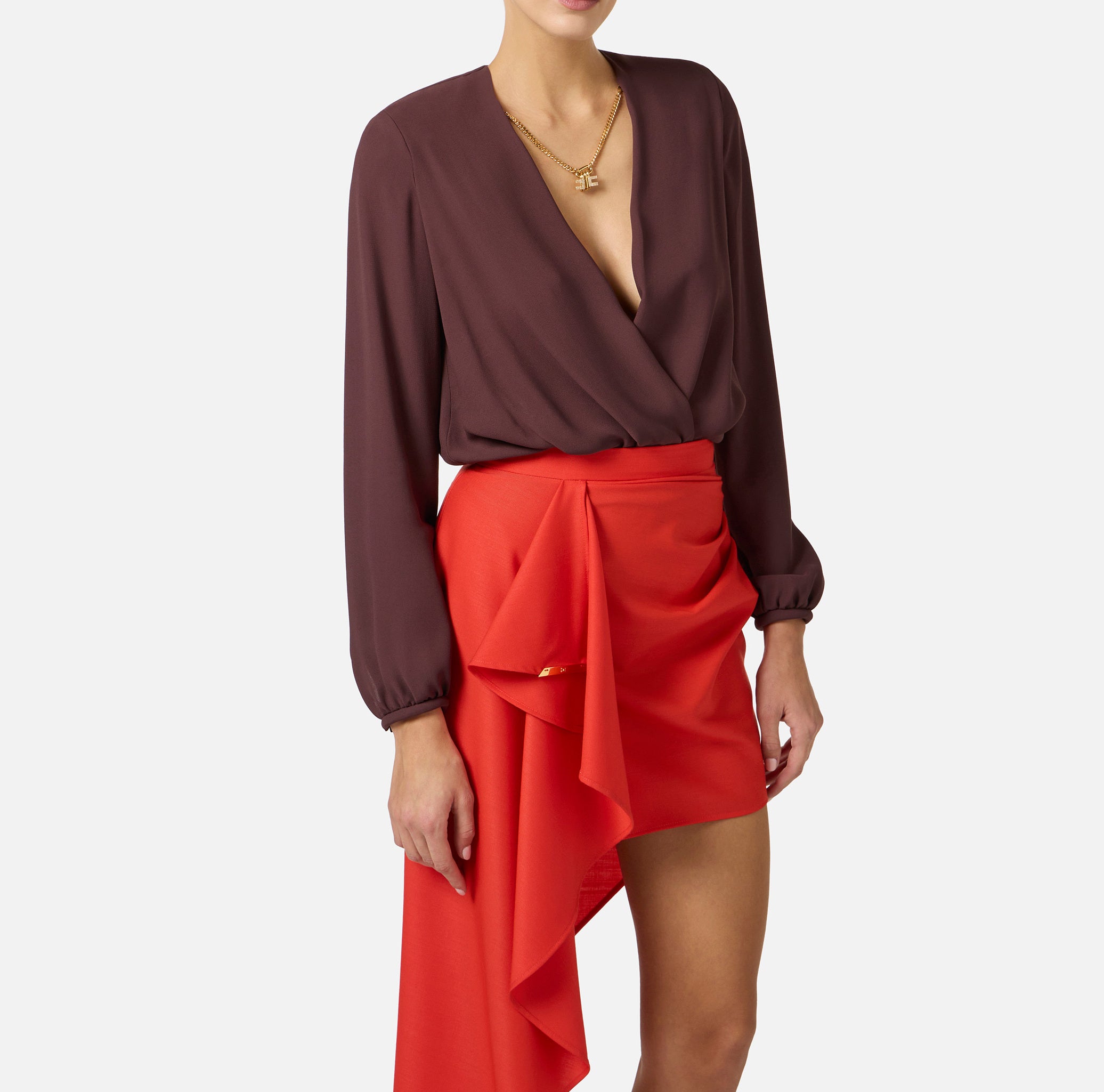 ELISABETTA FRANCHI Camicia a body Georgette Viscosa Collana-Cacao