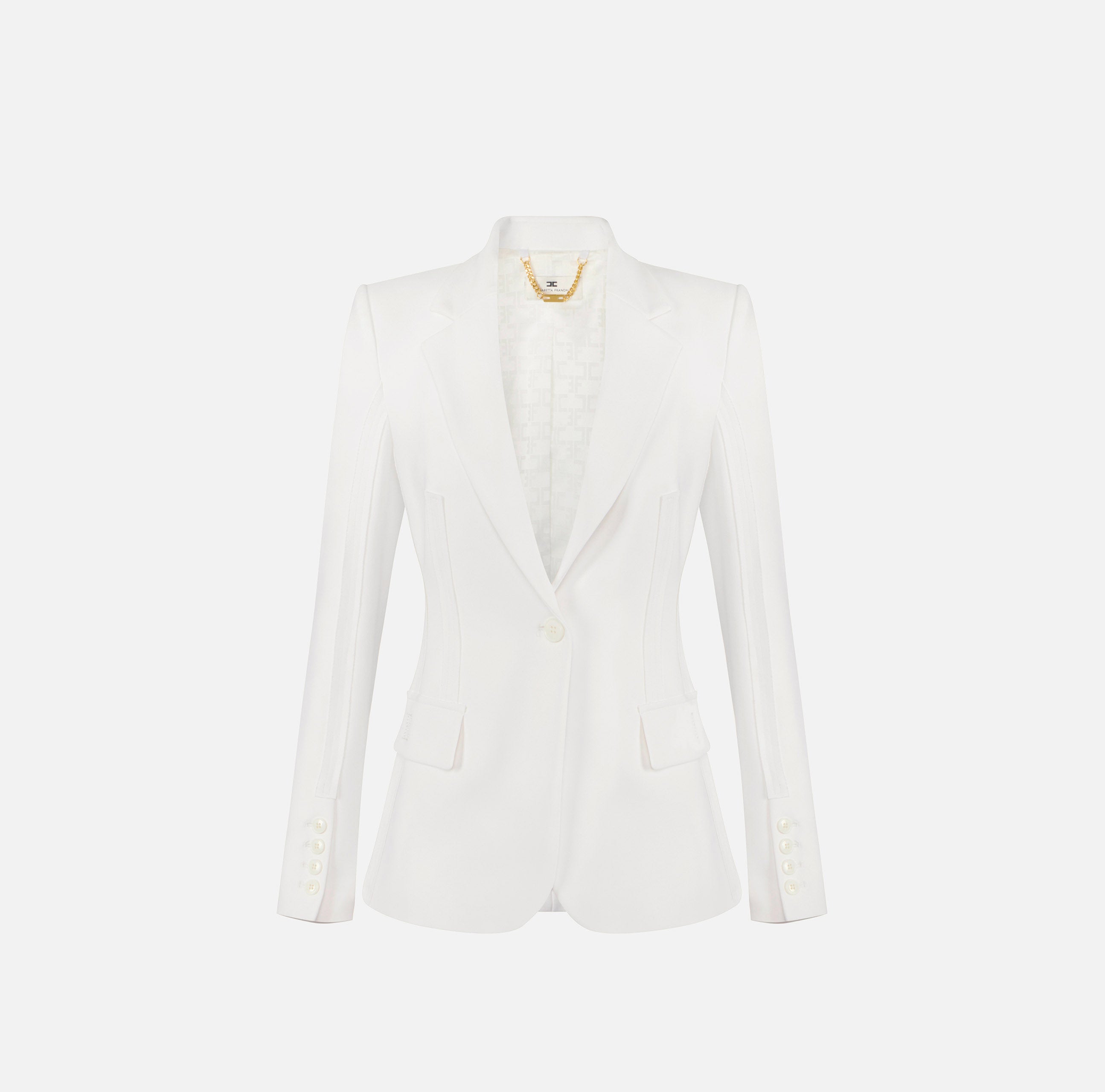 ELISABETTA FRANCHI Giacca Monopetto Doppio Crêpe Dettagli Taglio Vivo Impunture-Avorio