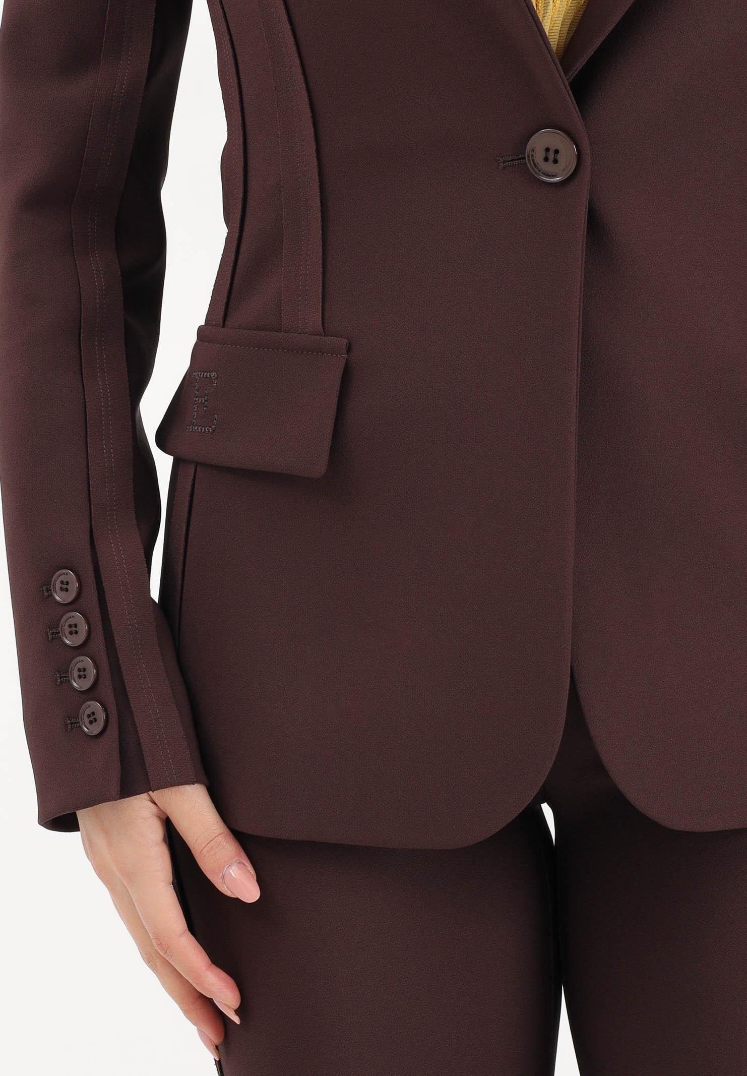 ELISABETTA FRANCHI Giacca Monopetto Doppio Crêpe Dettagli Taglio Vivo Impunture-Cacao