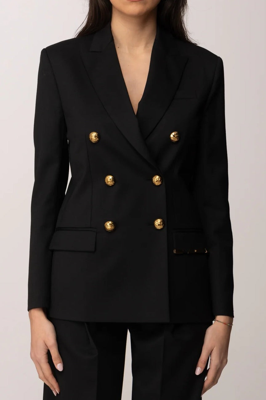 ELISABETTA FRANCHI Giacca Doppiopetto Fresco Lana Placca Logo-Nero