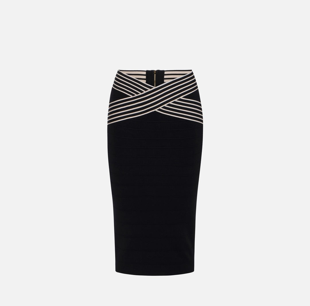 ELISABETTA FRANCHI Gonna Midi Maglia Bande Righe-Nero/Burro