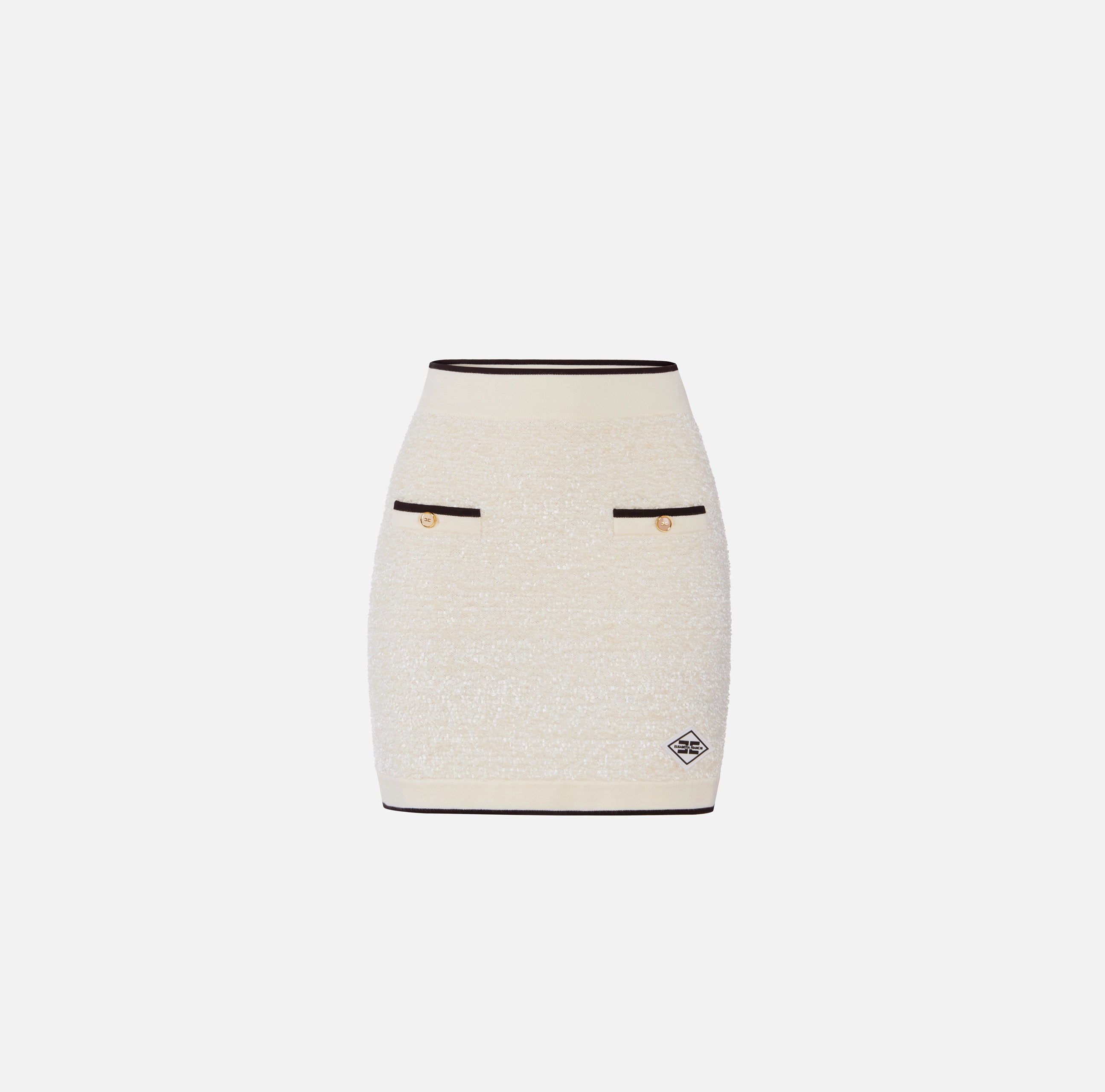 ELISABETTA FRANCHI Gonna Corta Ciniglia Bouclè Label Logo-Burro/Nero
