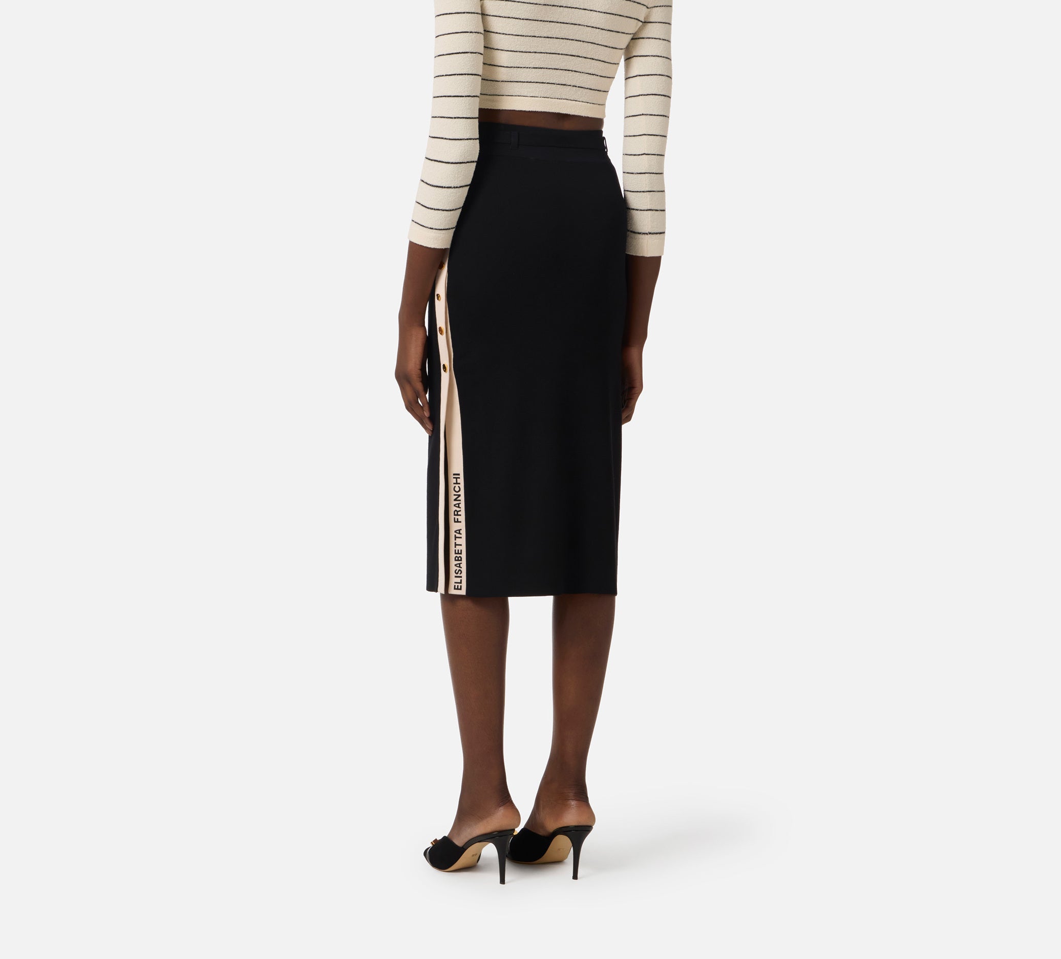 ELISABETTA FRANCHI Gonna Midi Maglia Viscosa Bande Bottoni-Nero/Burro