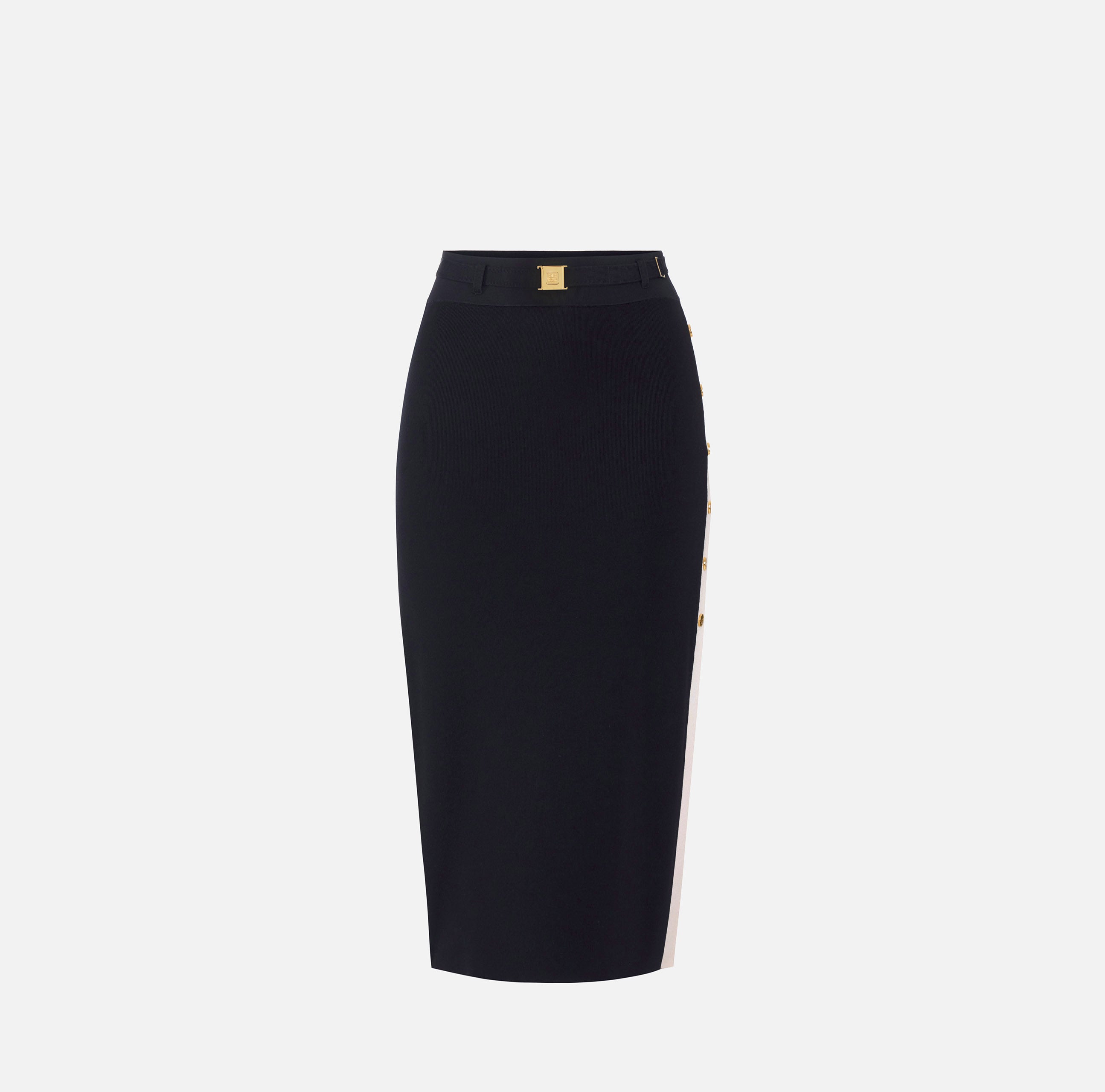 ELISABETTA FRANCHI Gonna Midi Maglia Viscosa Bande Bottoni-Nero/Burro