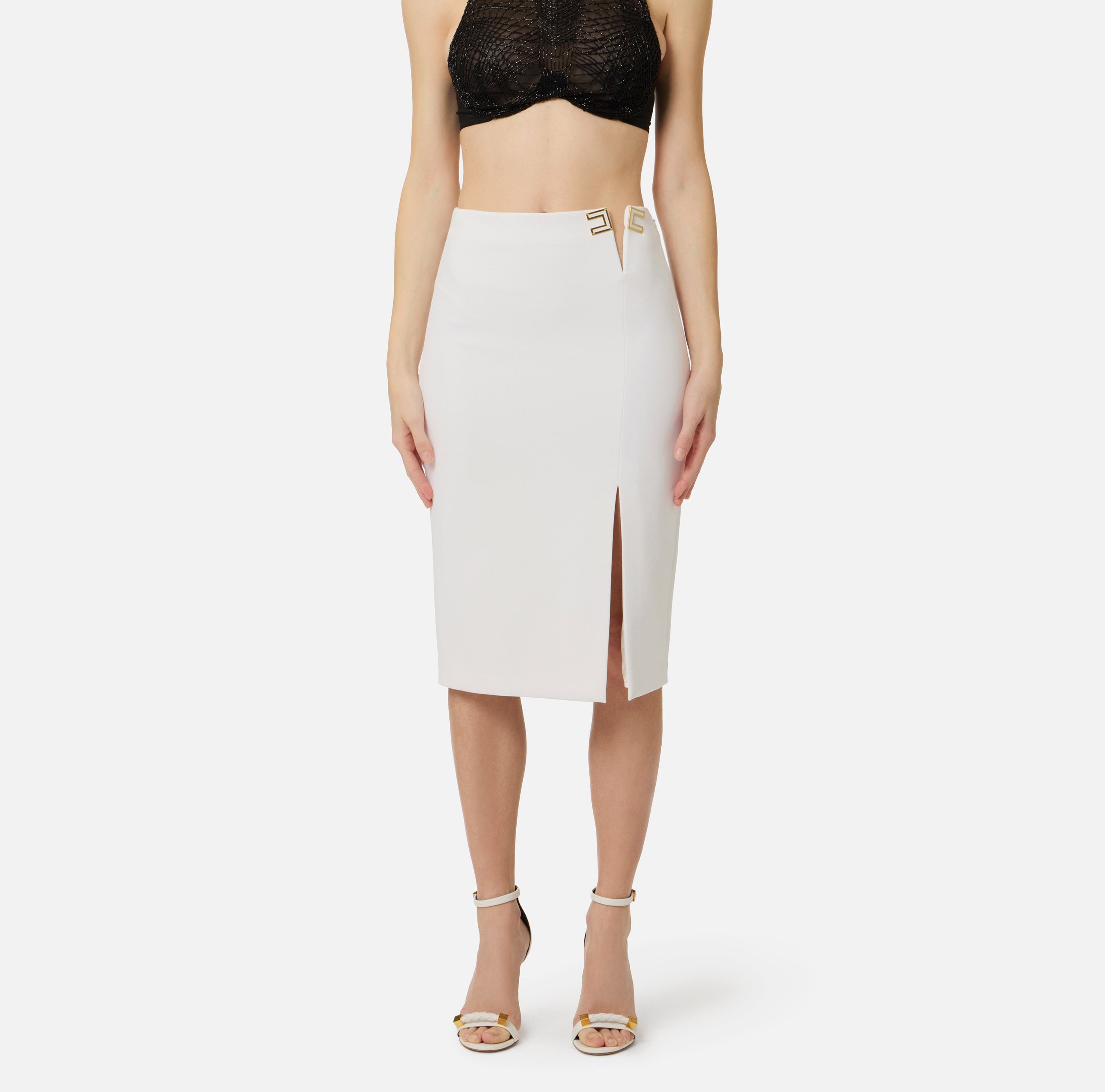 ELISABETTA FRANCHI Gonna Midi Gonna Doppio crêpe Spacco Logo-Avorio