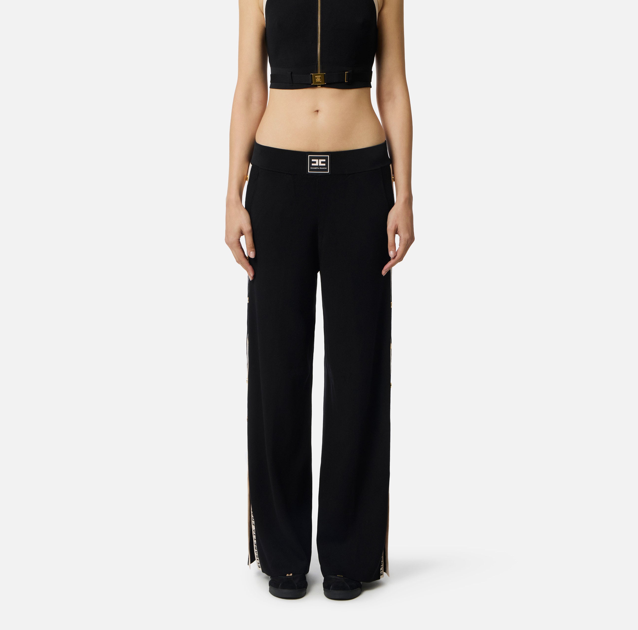 ELISABETTA FRANCHI Pantalone Maglia Viscosa Bande-Nero/Burro