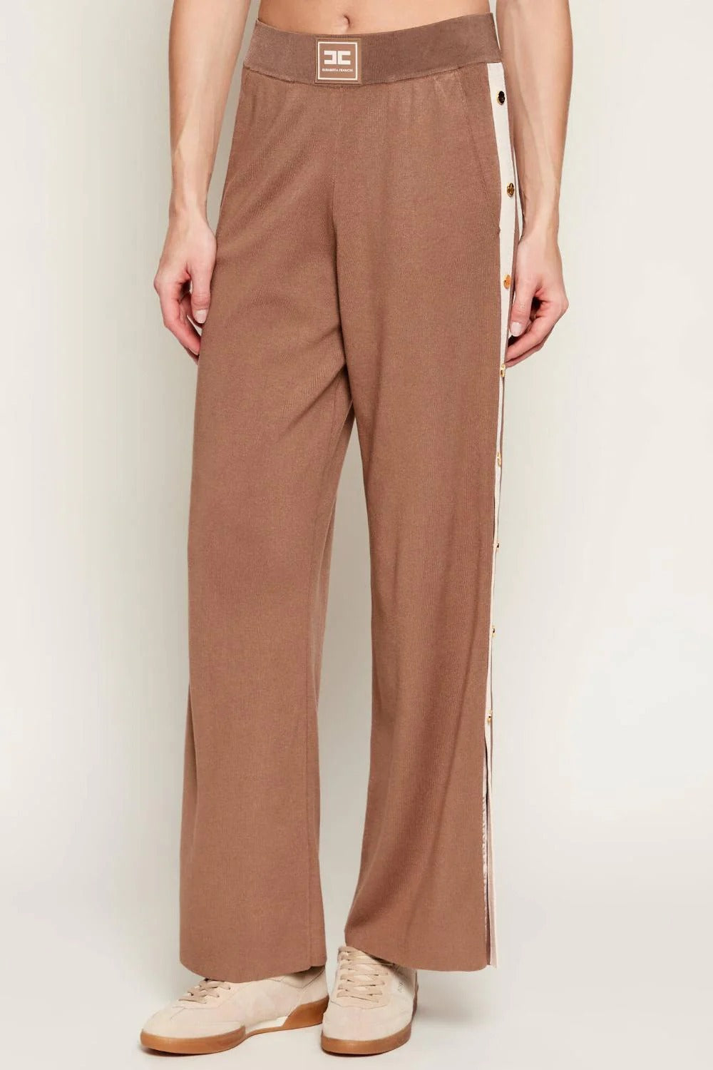 ELISABETTA FRANCHI Pantalone Maglia Viscosa Bande Bottoni-Argilla/Burro