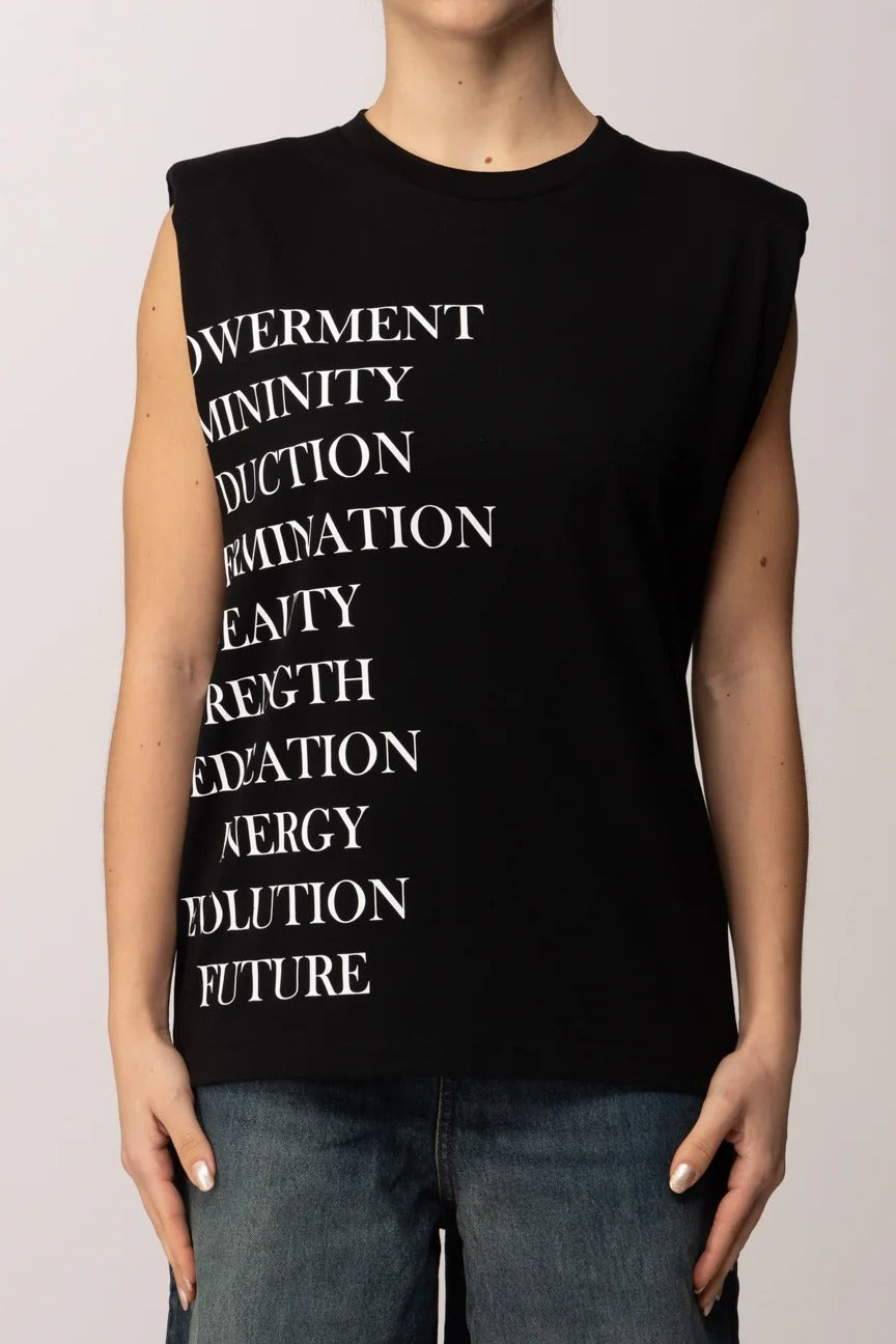 ELISABETTA FRANCHI T-Shirt Jersey Smanicata Stampa Lettering-Nero