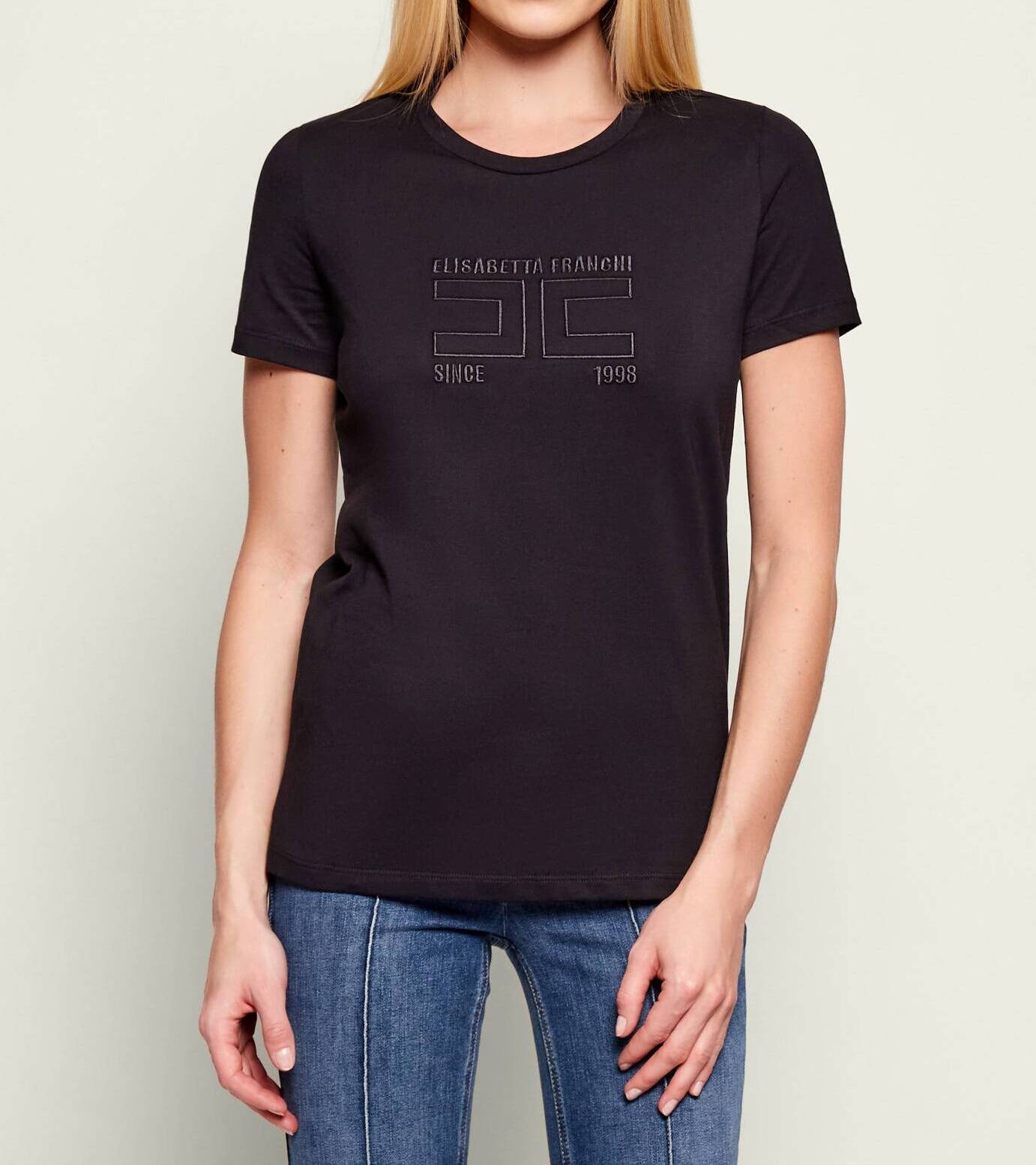 ELISABETTA FRANCHI T-Shirt Jersey Logo Ricamato-Nero