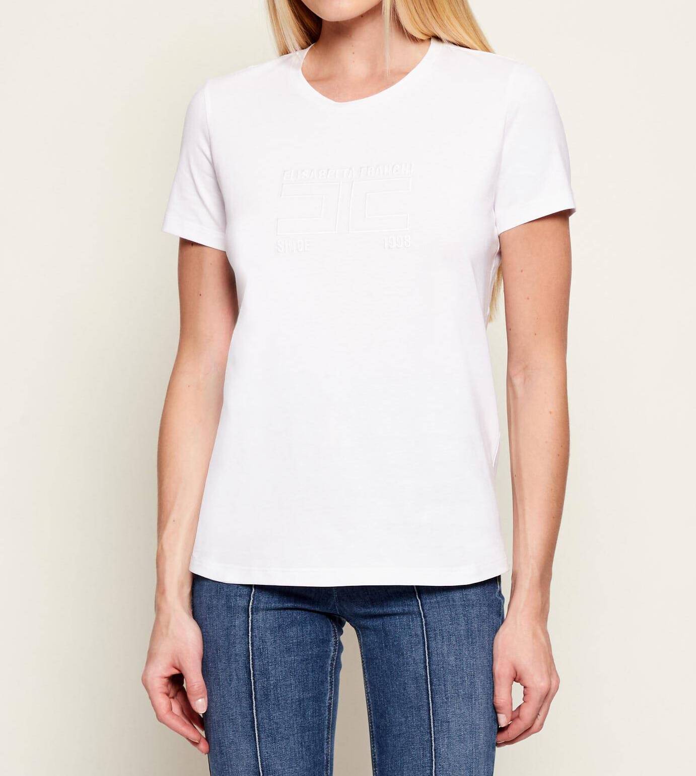 ELISABETTA FRANCHI T-Shirt Jersey Logo Ricamato-Gesso