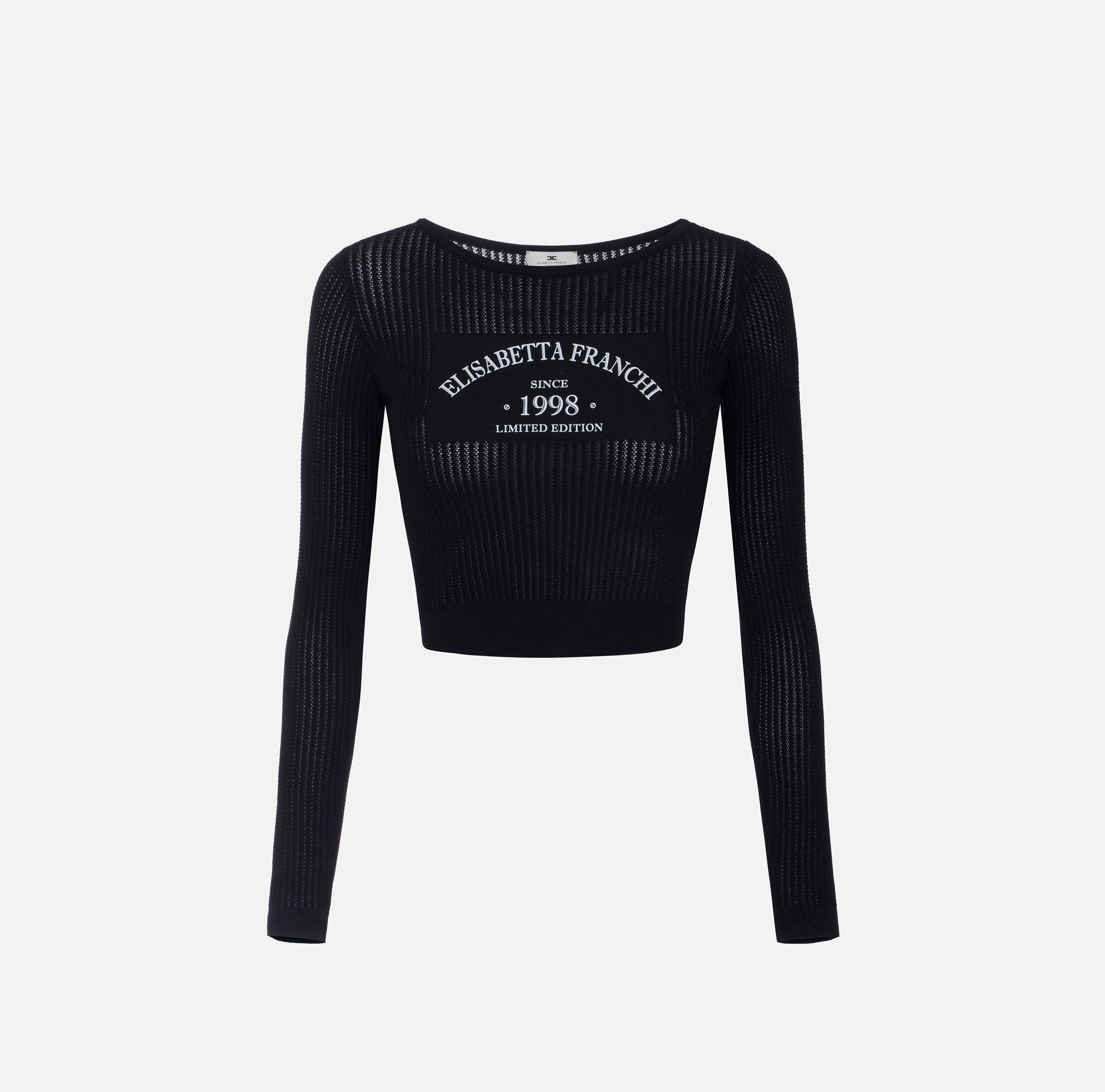 ELISABETTA FRANCHI Maglia Costine Traforate Stampa Logo-Nero
