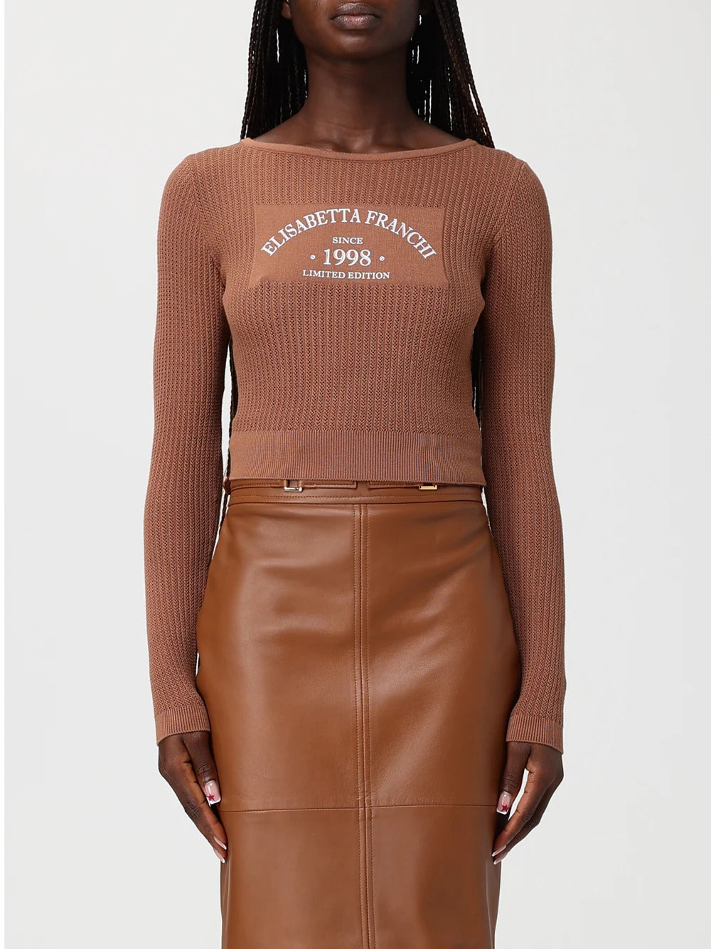 ELISABETTA FRANCHI Maglia Costine Traforate Stampa Logo-Cuoio
