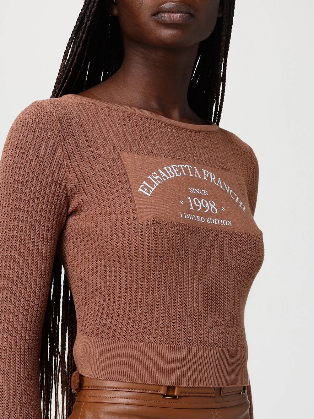 ELISABETTA FRANCHI Maglia Costine Traforate Stampa Logo-Cuoio