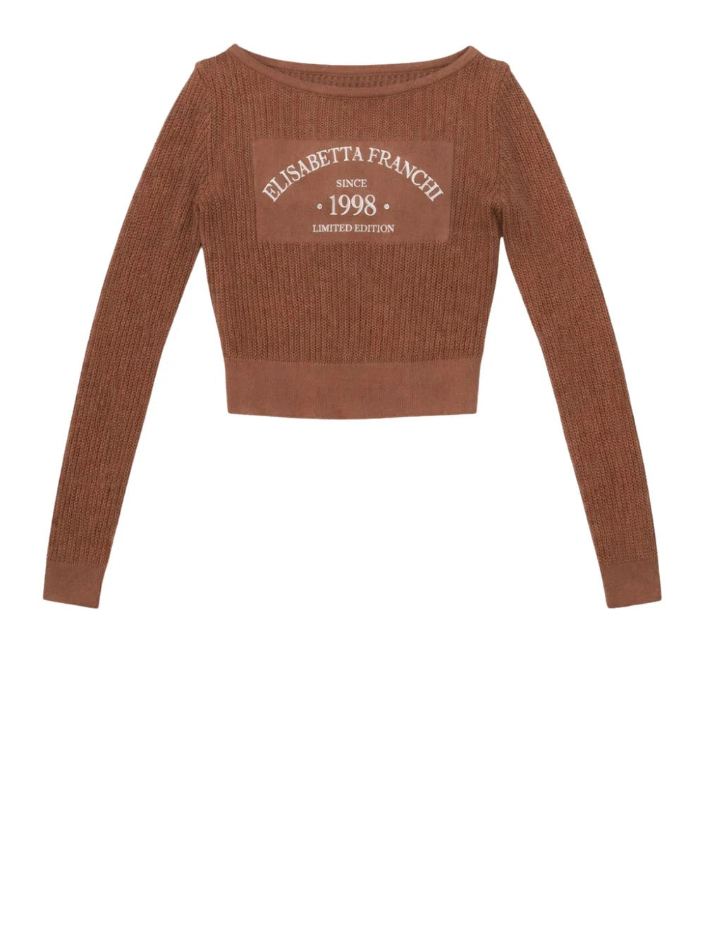 ELISABETTA FRANCHI Maglia Costine Traforate Stampa Logo-Cuoio