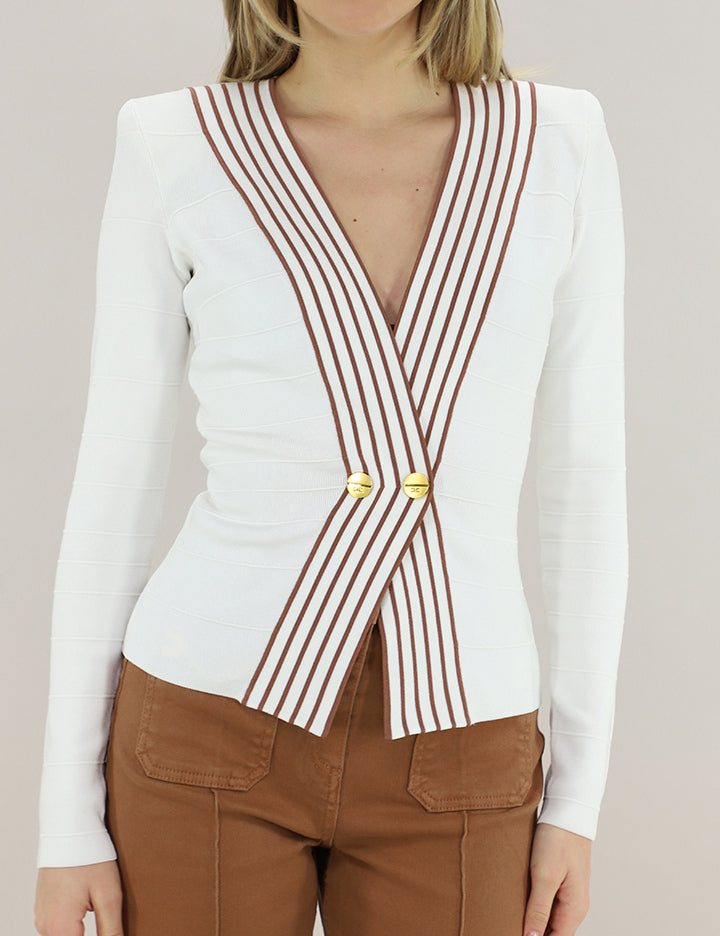 ELISABETTA FRANCHI Top Maglia Viscosa Bande Righe-Avorio/Cuoio