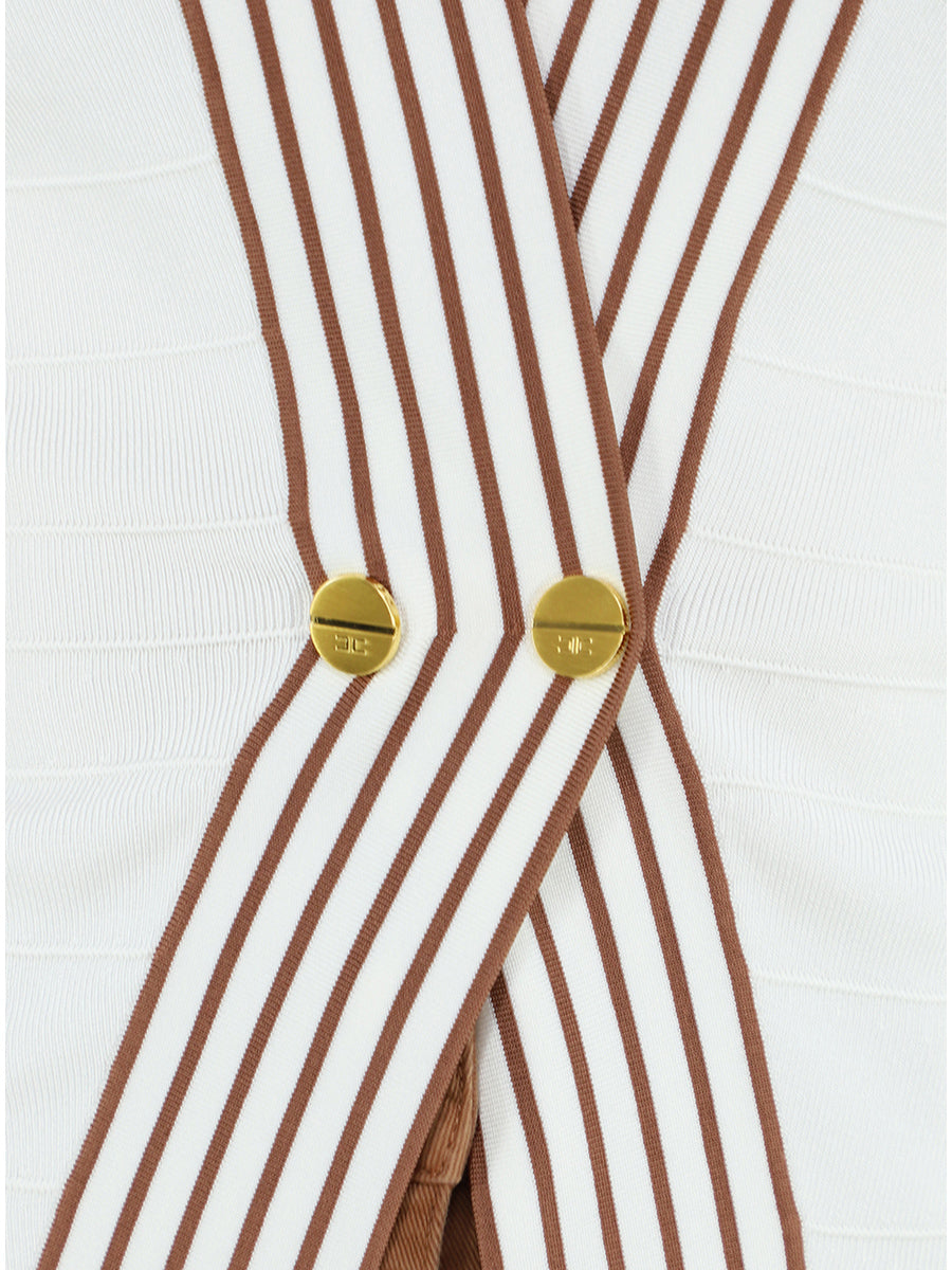 ELISABETTA FRANCHI Top Maglia Viscosa Bande Righe-Avorio/Cuoio