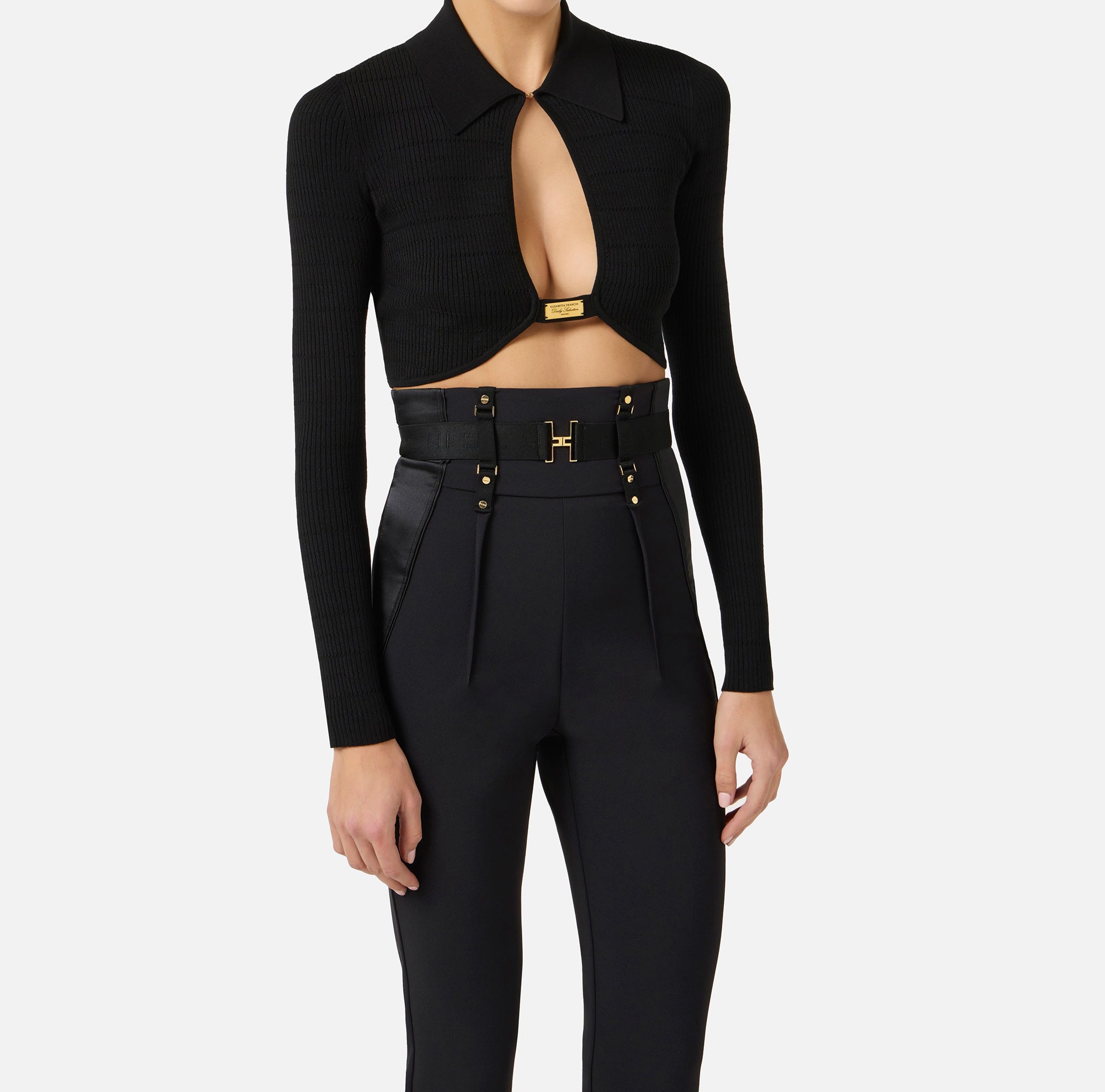 ELISABETTA FRANCHI Maglia Girocollo Costine Micro Trecce Oblò-Nero