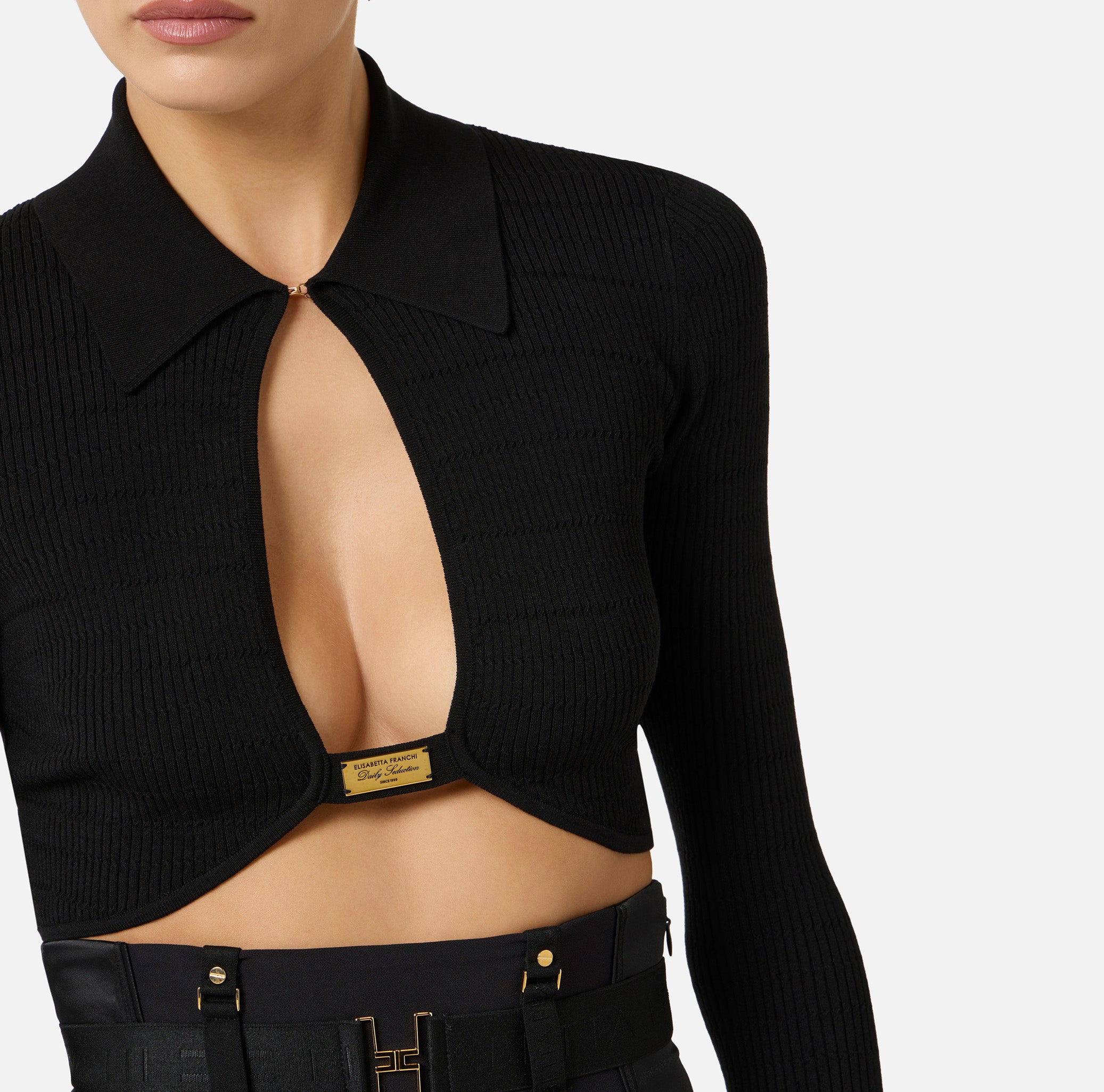 ELISABETTA FRANCHI Maglia Girocollo Costine Micro Trecce Oblò-Nero