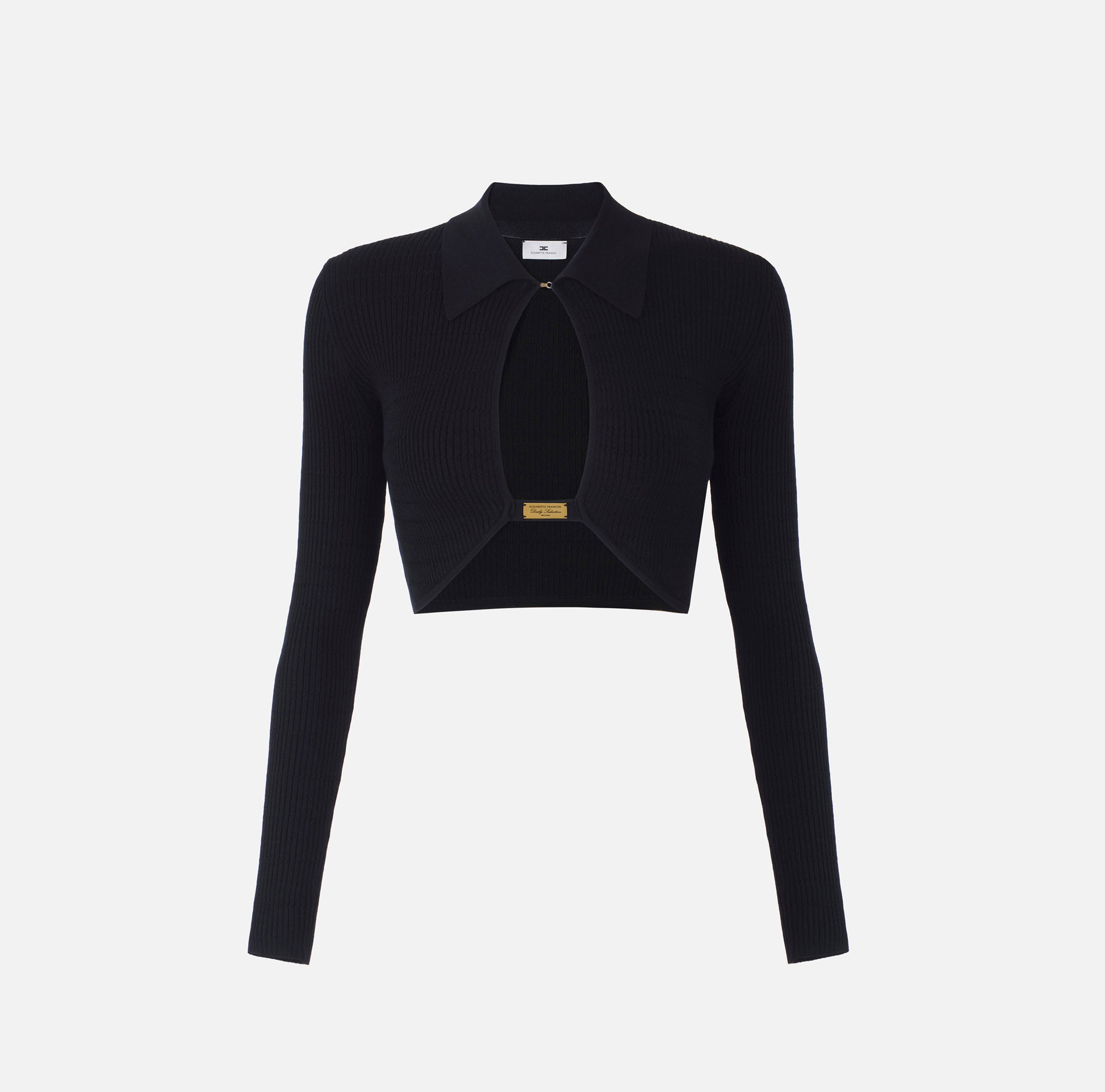 ELISABETTA FRANCHI Maglia Girocollo Costine Micro Trecce Oblò-Nero