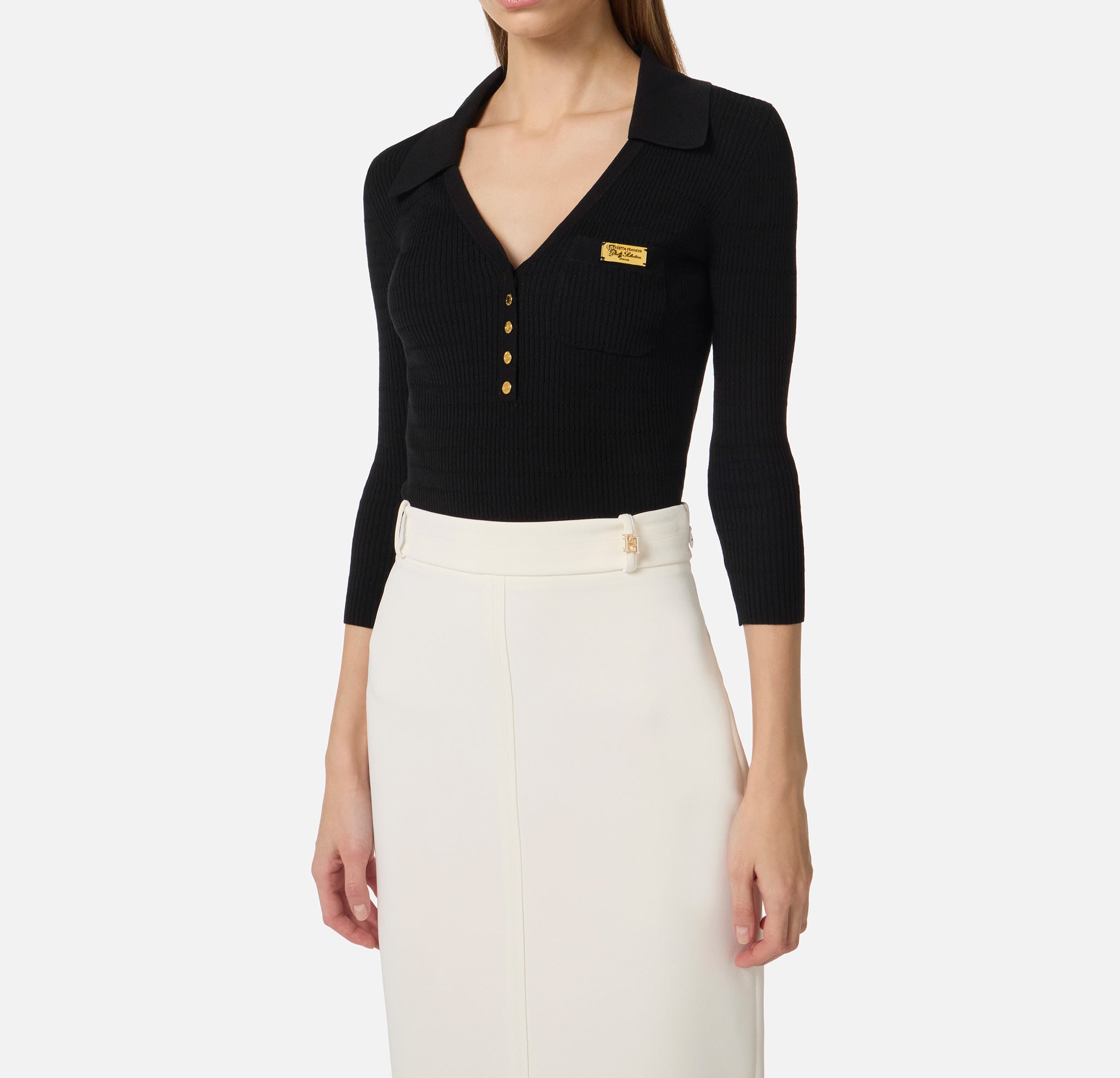 ELISABETTA FRANCHI Polo Maglia Costine Micro Trecce-Nero