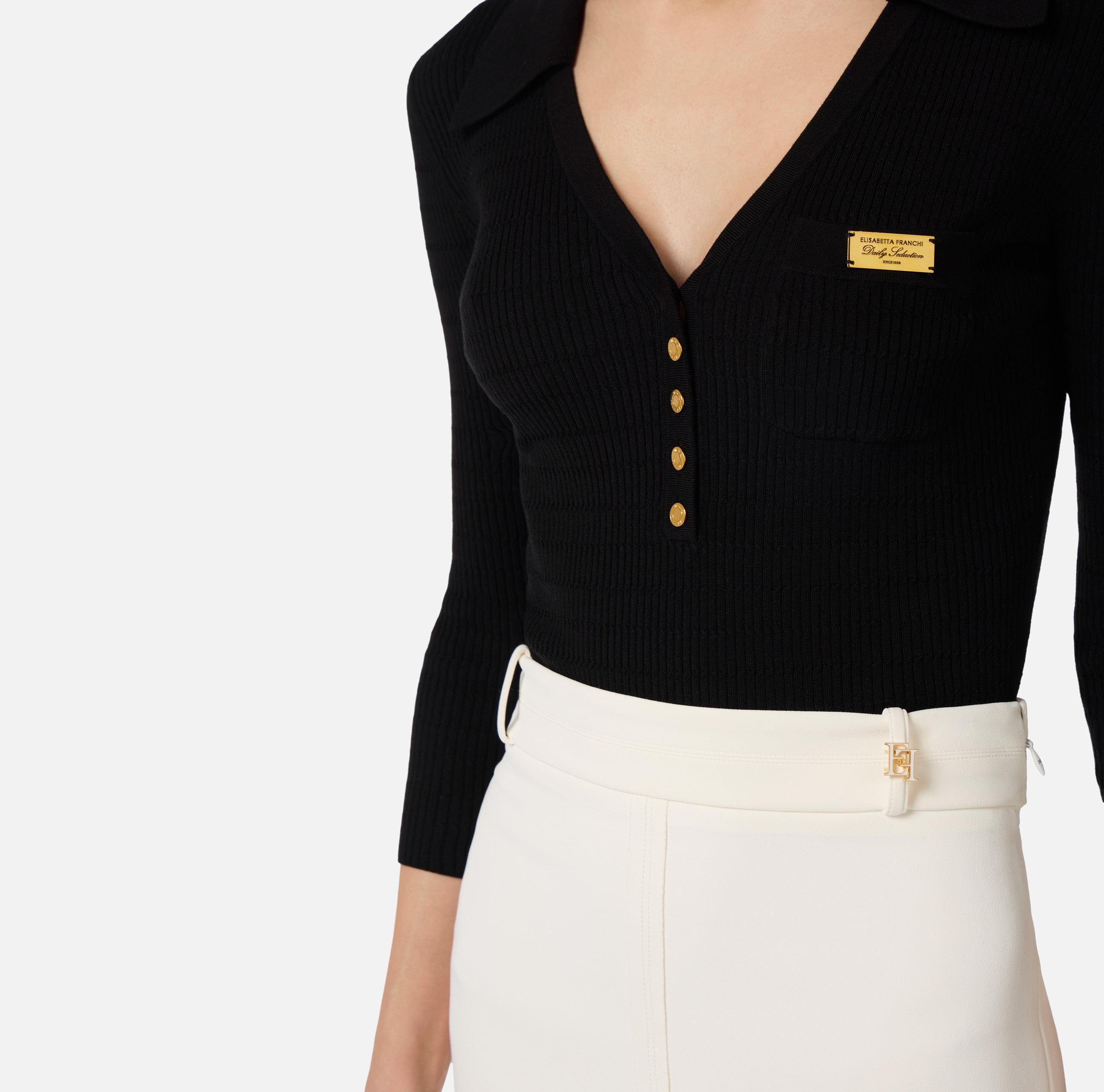 ELISABETTA FRANCHI Polo Maglia Costine Micro Trecce-Nero