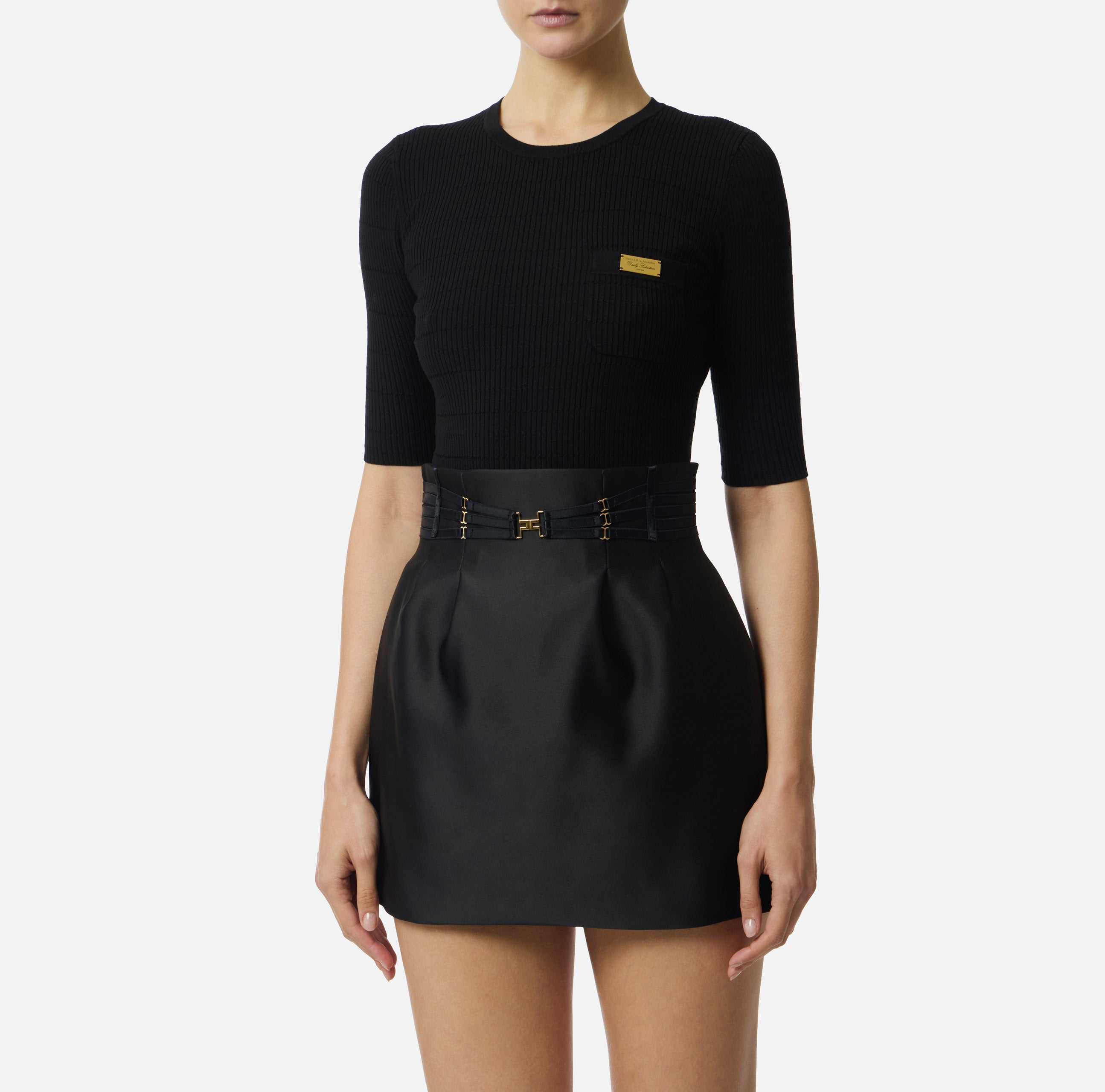 ELISABETTA FRANCHI Maglia Girocollo Costine Micro Trecce-Nero