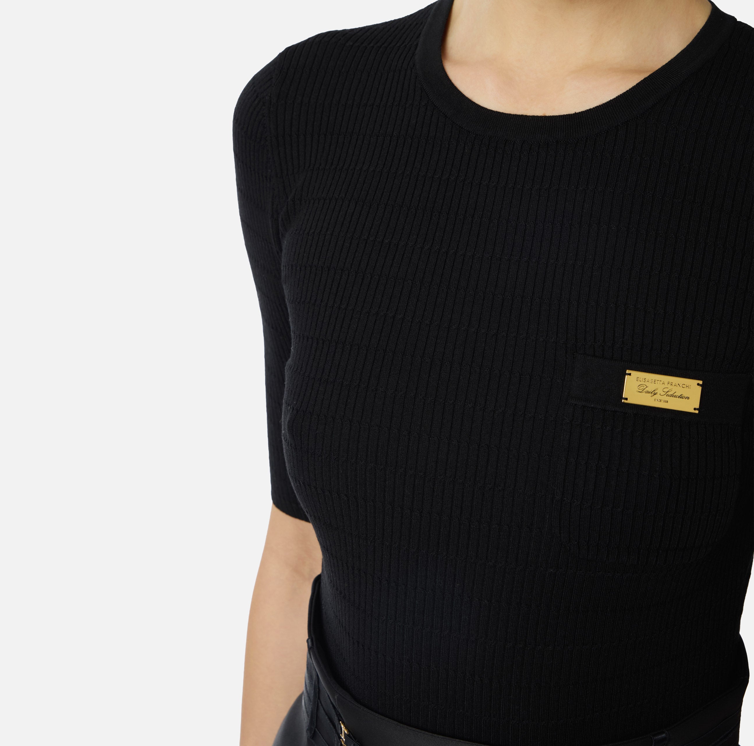 ELISABETTA FRANCHI Maglia Girocollo Costine Micro Trecce-Nero