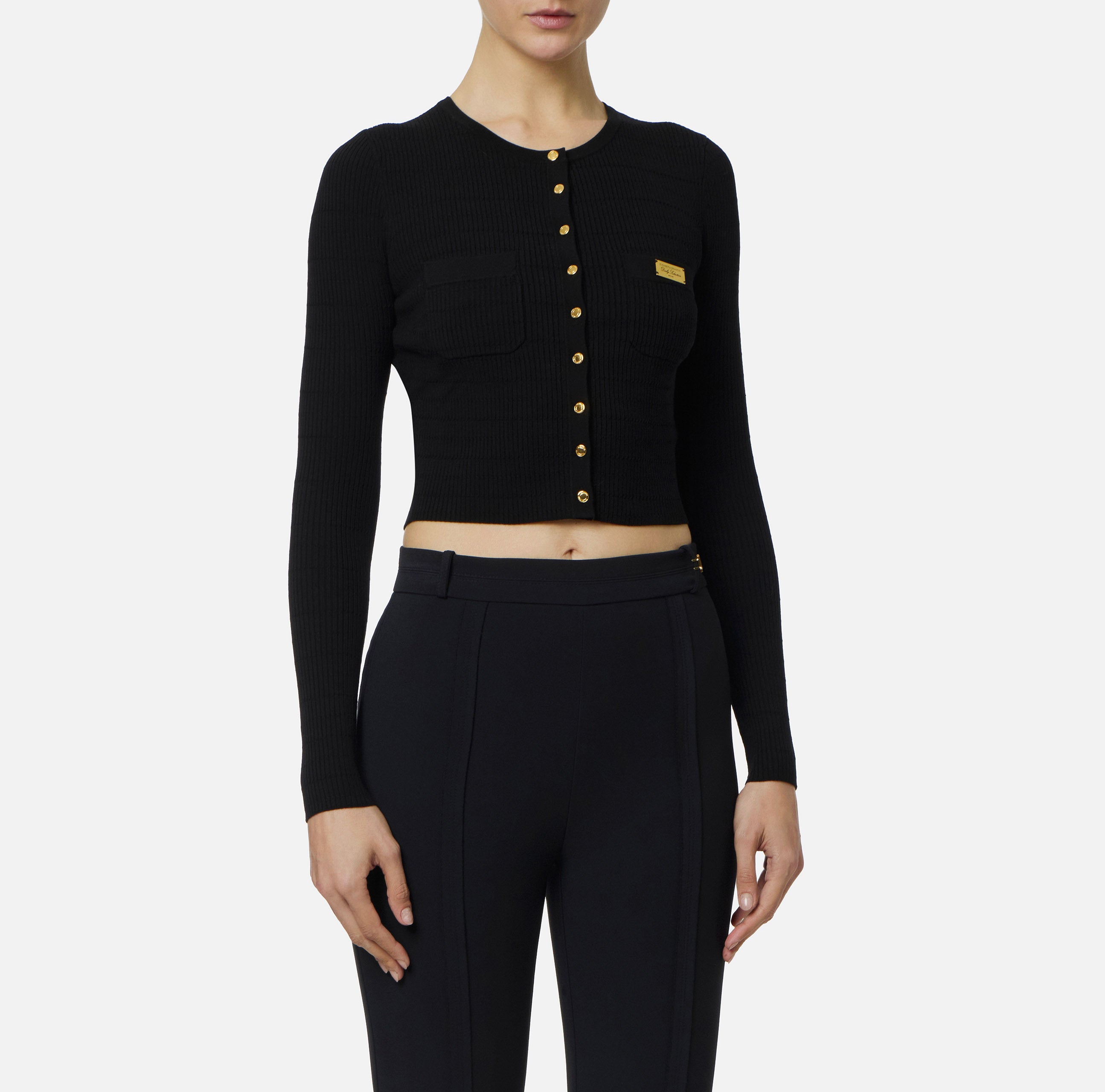ELISABETTA FRANCHI Cardigan Maglia Costine Micro Trecce-Nero