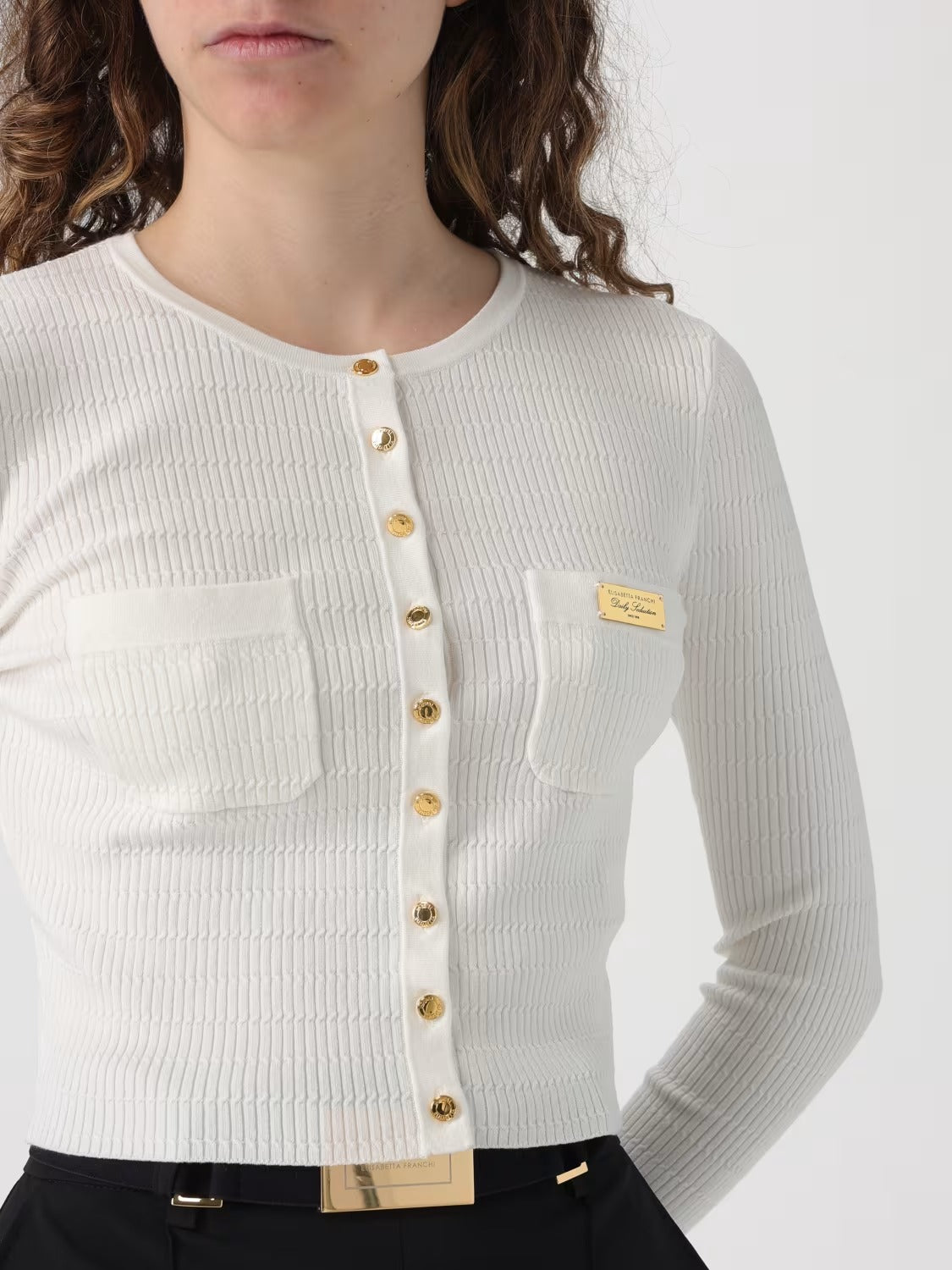 ELISABETTA FRANCHI Cardigan Maglia Costine Micro Trecce-Avorio
